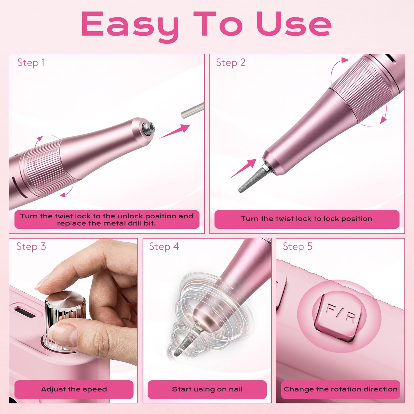 Kit profesional de taladro eléctrico de uñas, 40000 RPM tipo C, máquina de uñas de archivo E inalámbrico con pantalla LCD, 7 brocas, 56 bandas de lijado para el hogar/salón, cuidado de uñas práctica y