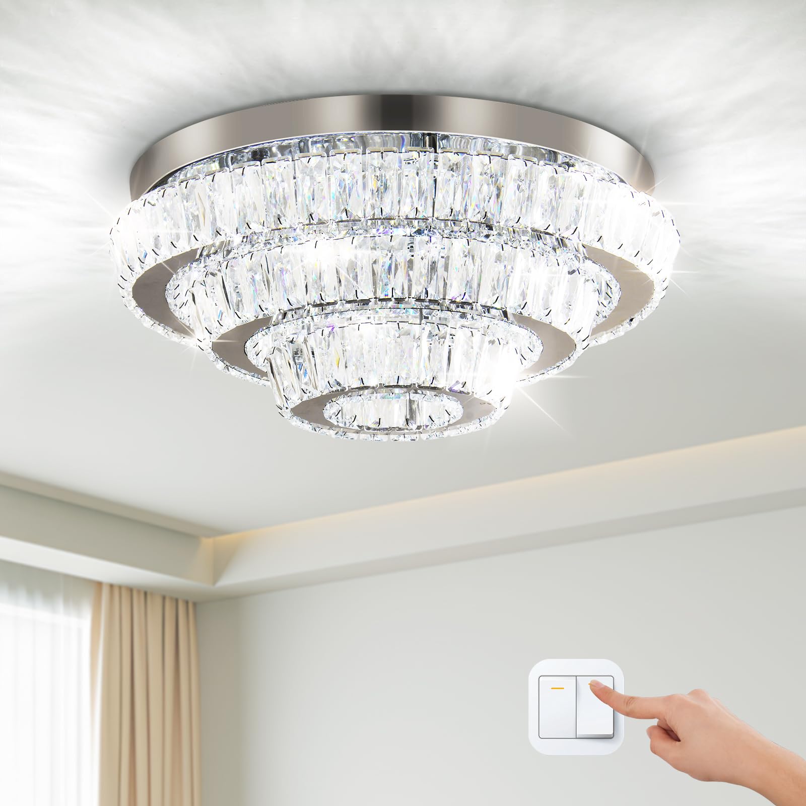 Modern LED Crystal Chandelier 3-Tier LED Ceiling Light Round Ceiling Flush Mounted Chandelier Light Fixure for Bedroom Living Room Dinning Room(Multi-Color)