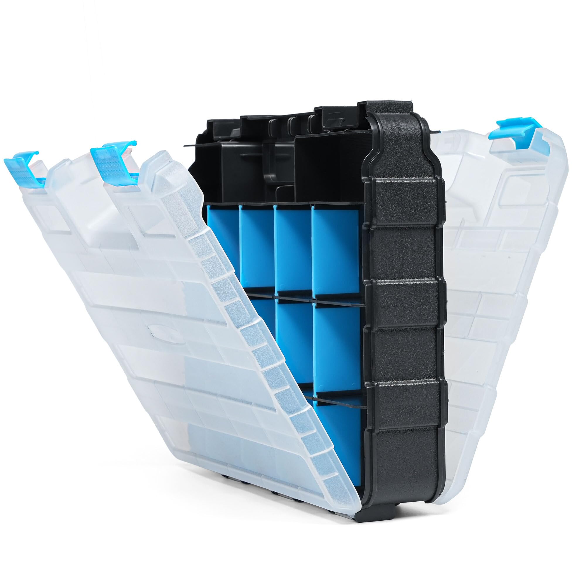 ZAVIA Double Sided 34-Compartment Tool Box Organiser | Transparent Assortment Box for Hardware Adjustable Tool Storage Box with Removable Plastic Partitions | Lockable Screw Box for Small Tools