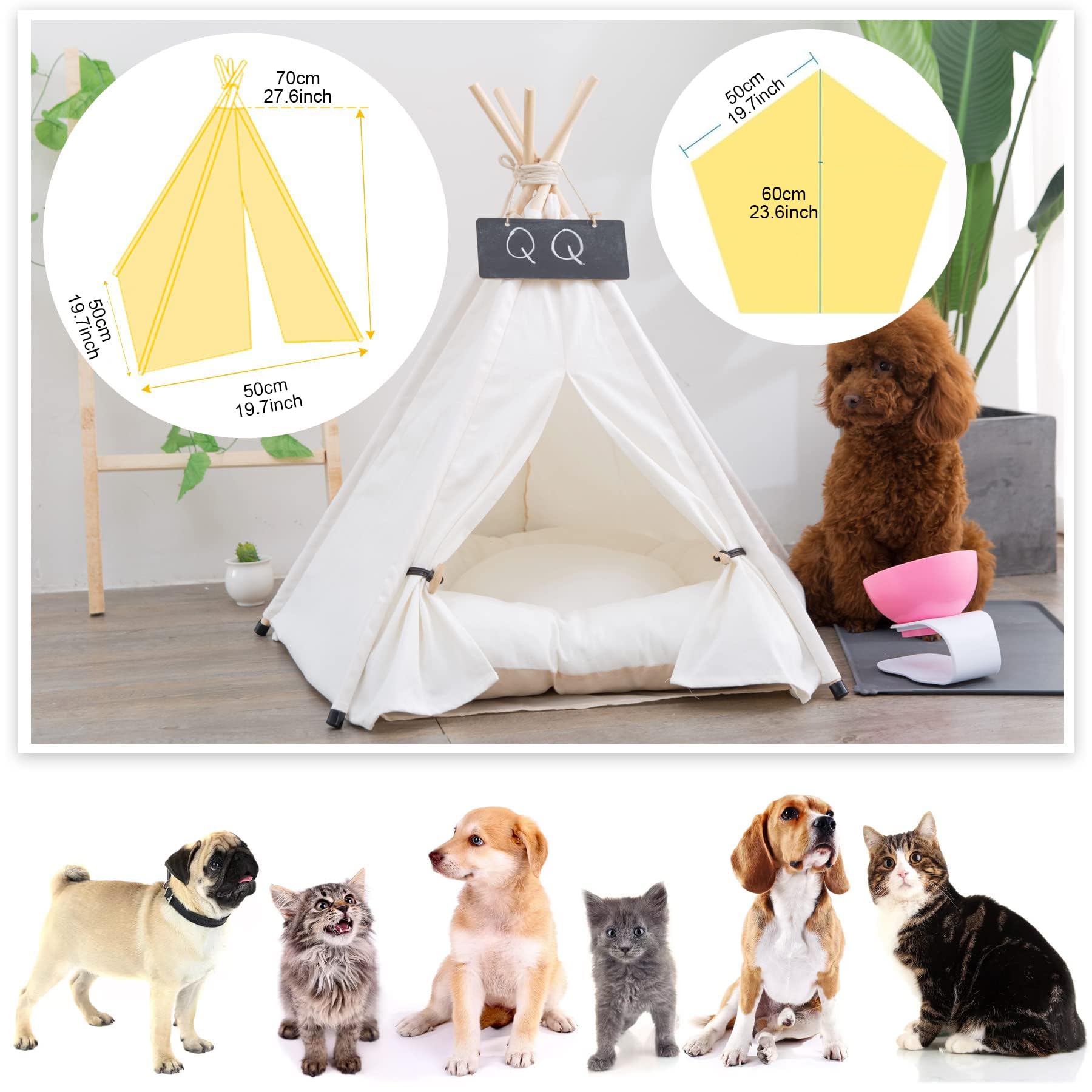 Tipi pour animal domestique 50 x 50 x 60 cm Lit pour chien et chat avec coussin amovible lavable tableau noir facile à assembler