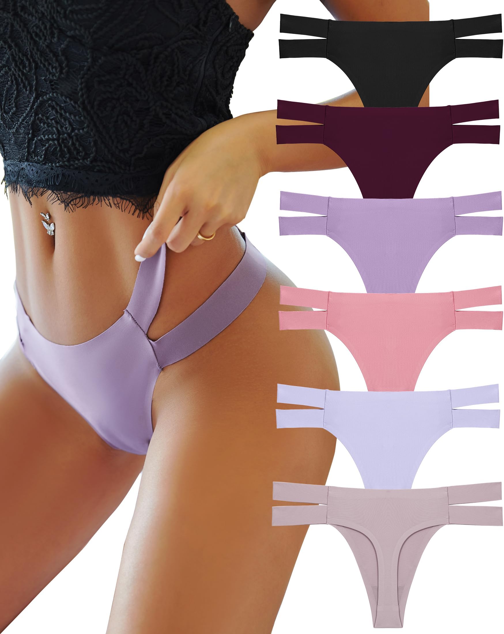 Seamless Thongs for Women 6 Pack No Show Invisible Underwear Stretch T-Back Panties Low Rise Comfort Everyday Thong