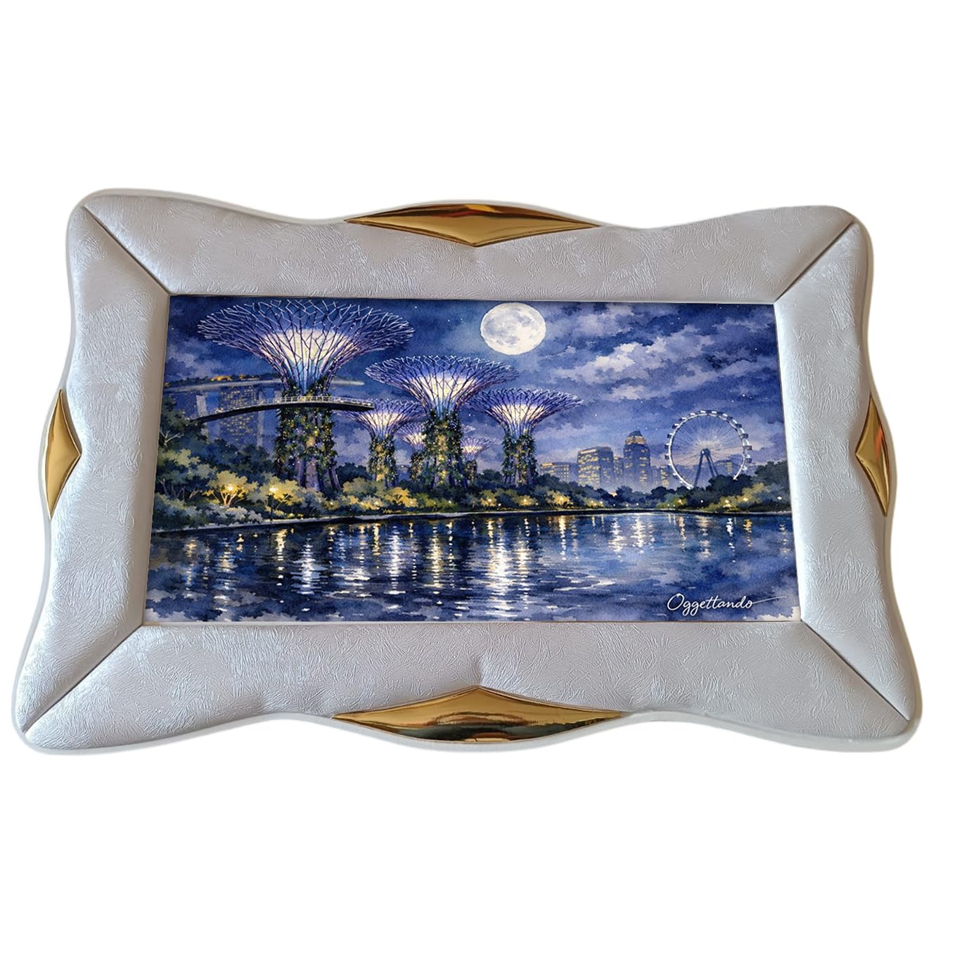 oggettando Quadro Singapore Notte Blu con Cornice Rondine in Ecopelle Bianca con Inserto Regali utili, Originali e a Prezzi Bassi (90X60, inserto Fi. Bi. + Sa. Or.)