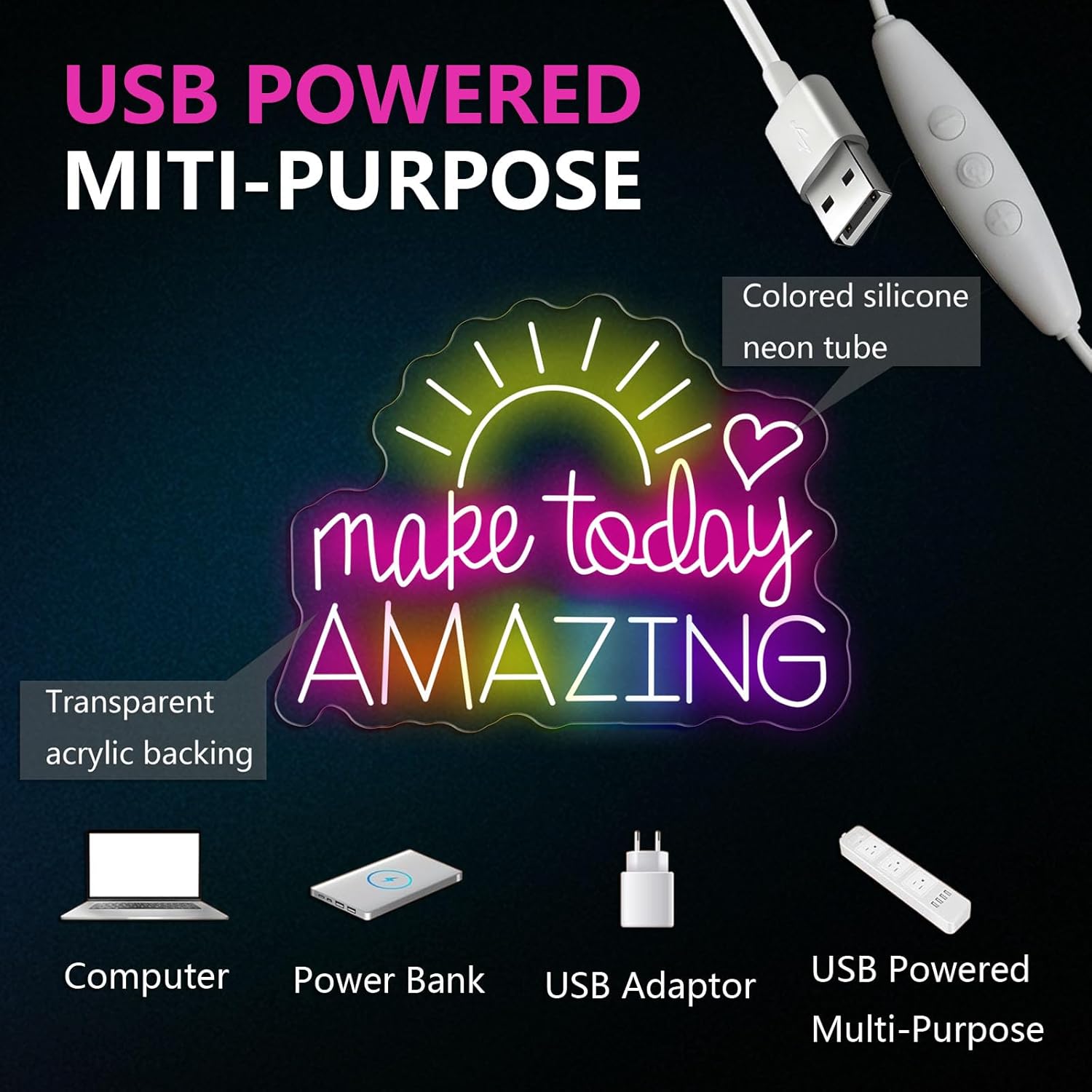 Make Today Amazing Neon Sign Heart Sunrise Positive Led Neon Light for Wall Decor Inspirational Rainbow Color Light Sign Boho Wall Art LED Neon Light Up Sign for Party Wedding Birthday School Gym - Image 8