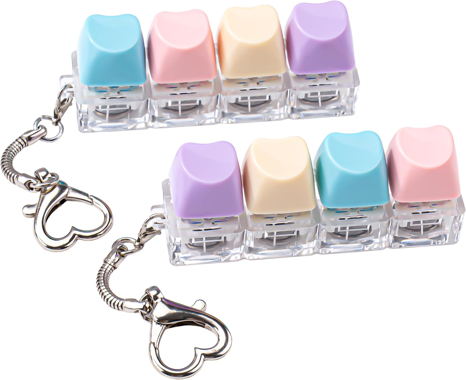 2 Pcs Cute Heart Keyboard Fidget Toy for Adult with LED Light, Multi-Functional Clicky Keyboard Fidget Keychain, Anxiety Relief Items, White and Multicolored Clear Keycap Tester