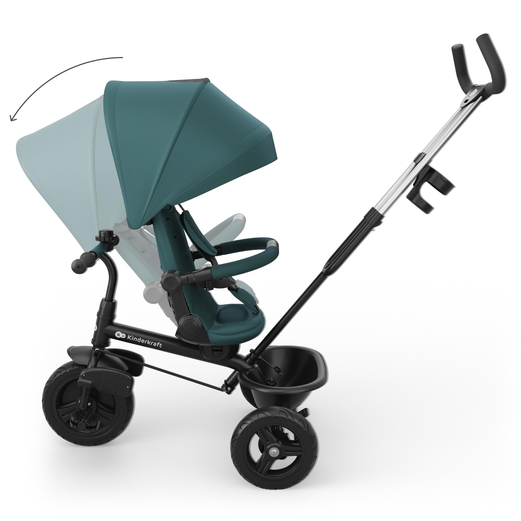 Kinderkraft ASTON 2 PLUS triciclo bambini 6 in 1, seduta 360°, posizione semi-reclinata, maniglione genitori, capottina, pedali liberi, Verde