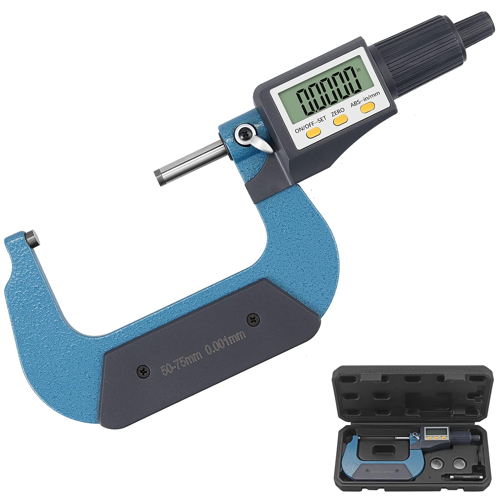 XUNTOP 50-75mm Micromètre d'Extérieur Numérique Multifonctionnel Résolution de 0.0005 pouces/0.001 mm en ABS et Acier Inoxydable avec Écran LCD Micromètre Électronique Pied à Coulisse Extérieur