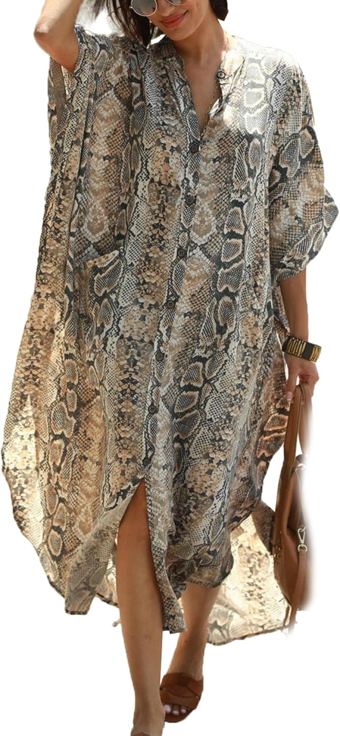 Chunoy Womens Button Down V Neck Kimono Sleeve Long Kaftan Beachwear Cover Up Maxi Dress