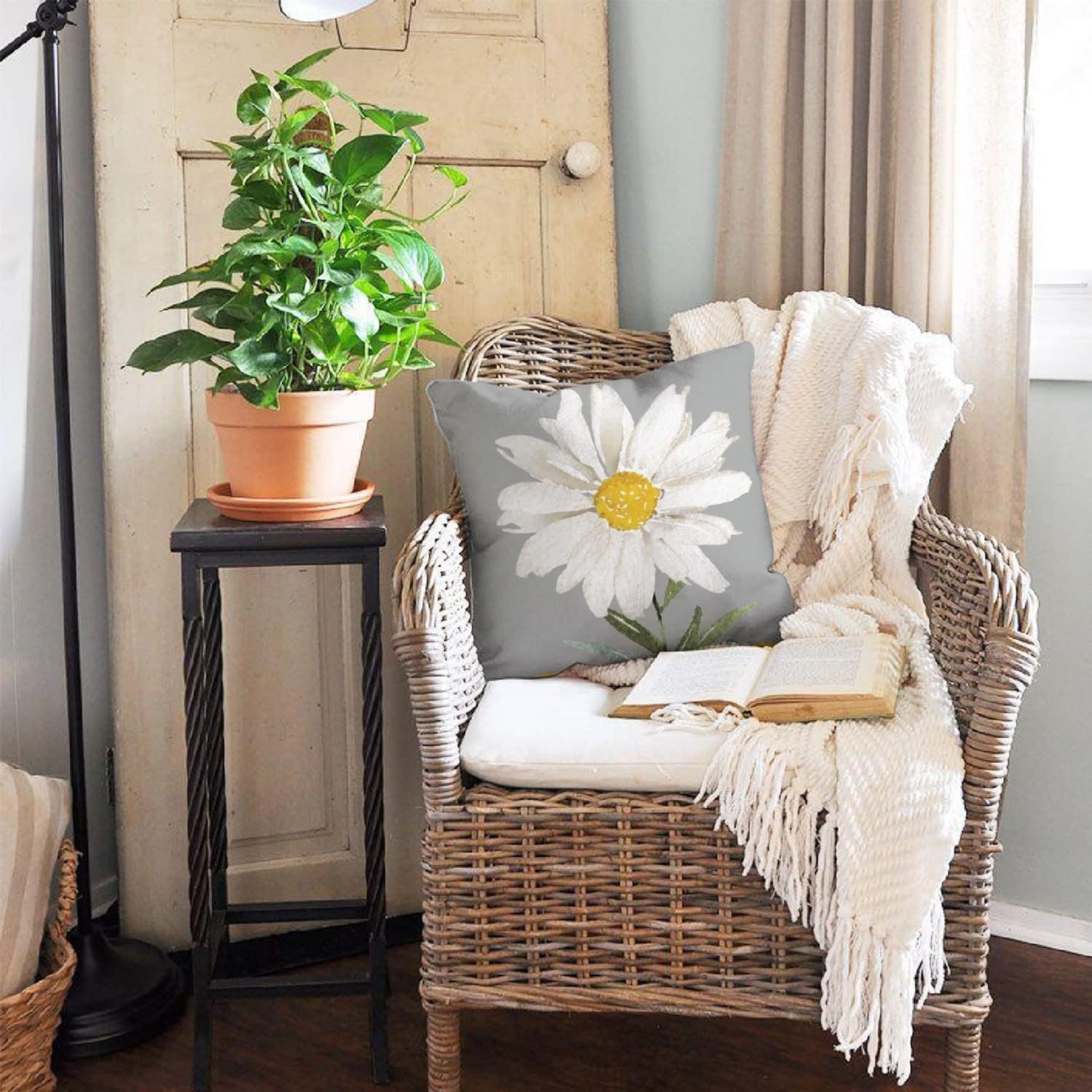 BAOKU Cushion Covers 45x45 cm Pillow Covers Spring Decorative Home Decor for Bed Couch Sofa Bedroom Office Pack of 4 Grey White flowers Pattern Linen Pillowcase - Image 4