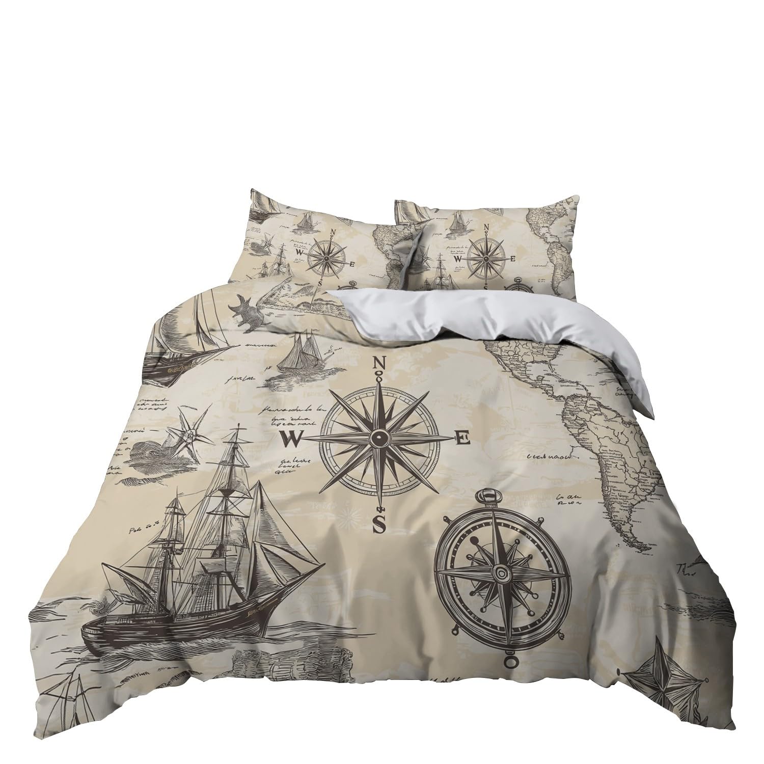Funda Nórdica Brújula Y Velero Juego De Cama Suave Transpirable Microfibra 1 Funda Nórdica + 2 Fundas De Almohada 50X75cm Beige Cama 90