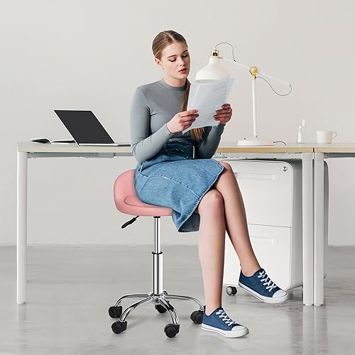 Miniatura 4 de SUPER DEAL Taburete giratorio hidráulico de altura ajustable para tatuaje, masaje facial, spa, salón médico, con respaldo (rosa)