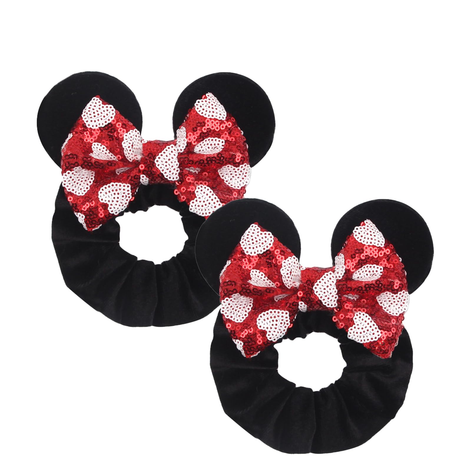 Festive Mouse Ears Scrunchie for Women Girls, Black Sparkly Velvet Hair Tie with Sparkle Sequins White Hearts Red Bow for Christmas, Holiday Parties, and Family Gatherings, 2-Pack