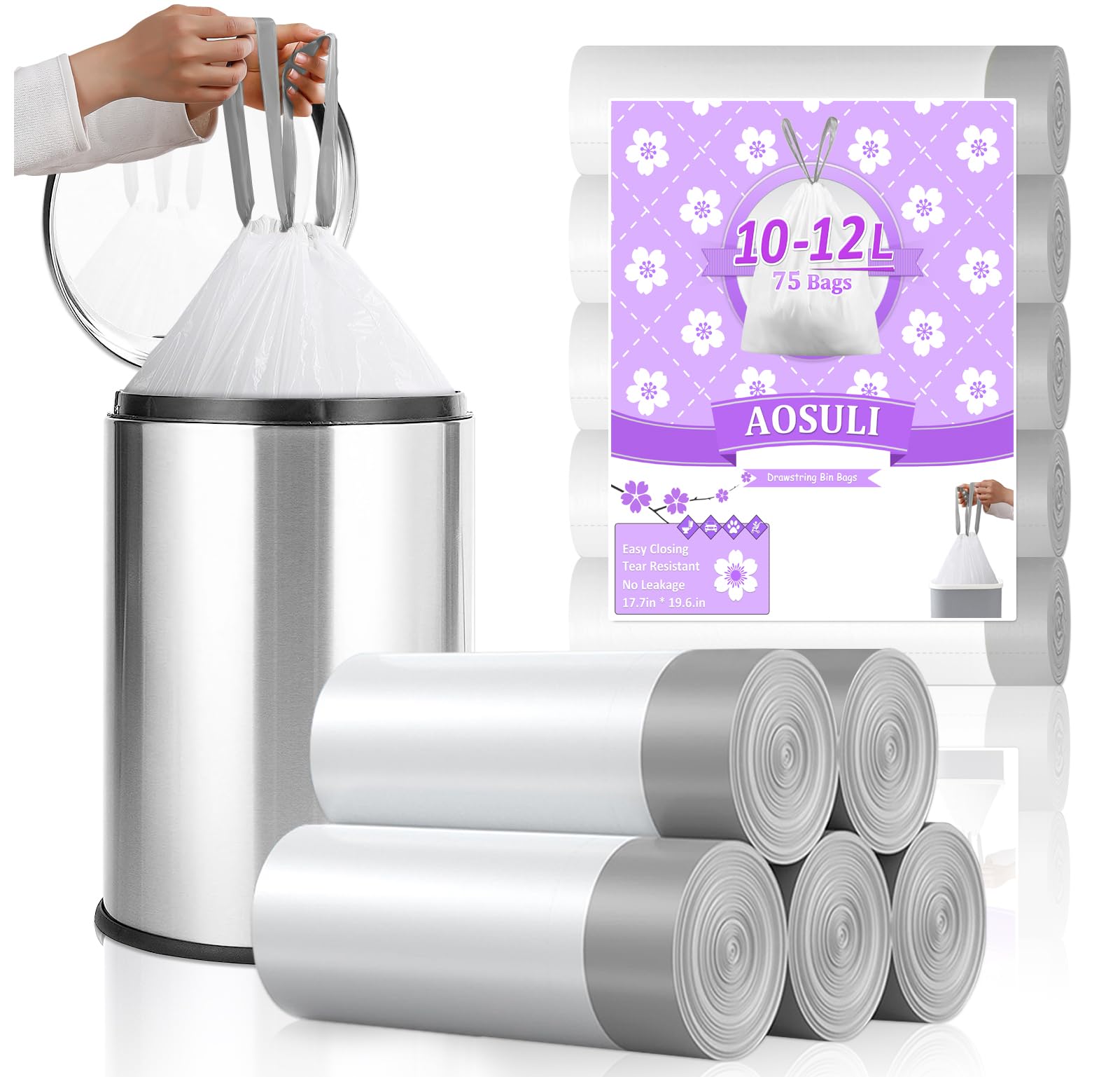 Aosuli 10L-75Bags-White Pedal Bin Liners 10L-12L Bin Bags Small Rubbish Bags Tie Handles Trash Bags 75 Counts White Plastic Drawstring Garbage Bags For Bathroom,Toilet,Office,Bedroom,Fit 7L,8L,9L,15L Waste Bin