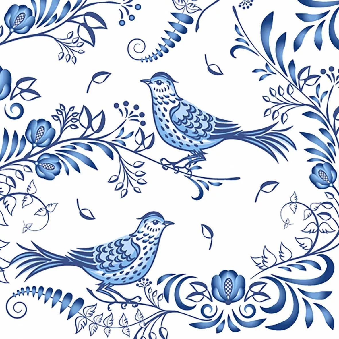 Set of 2 Individual Decoupage Paper Party Napkin Birds Blue Drawings Watercolor Decor Luncheon Napkins for a Birthday Holiday, Wedding, Cocktail Party