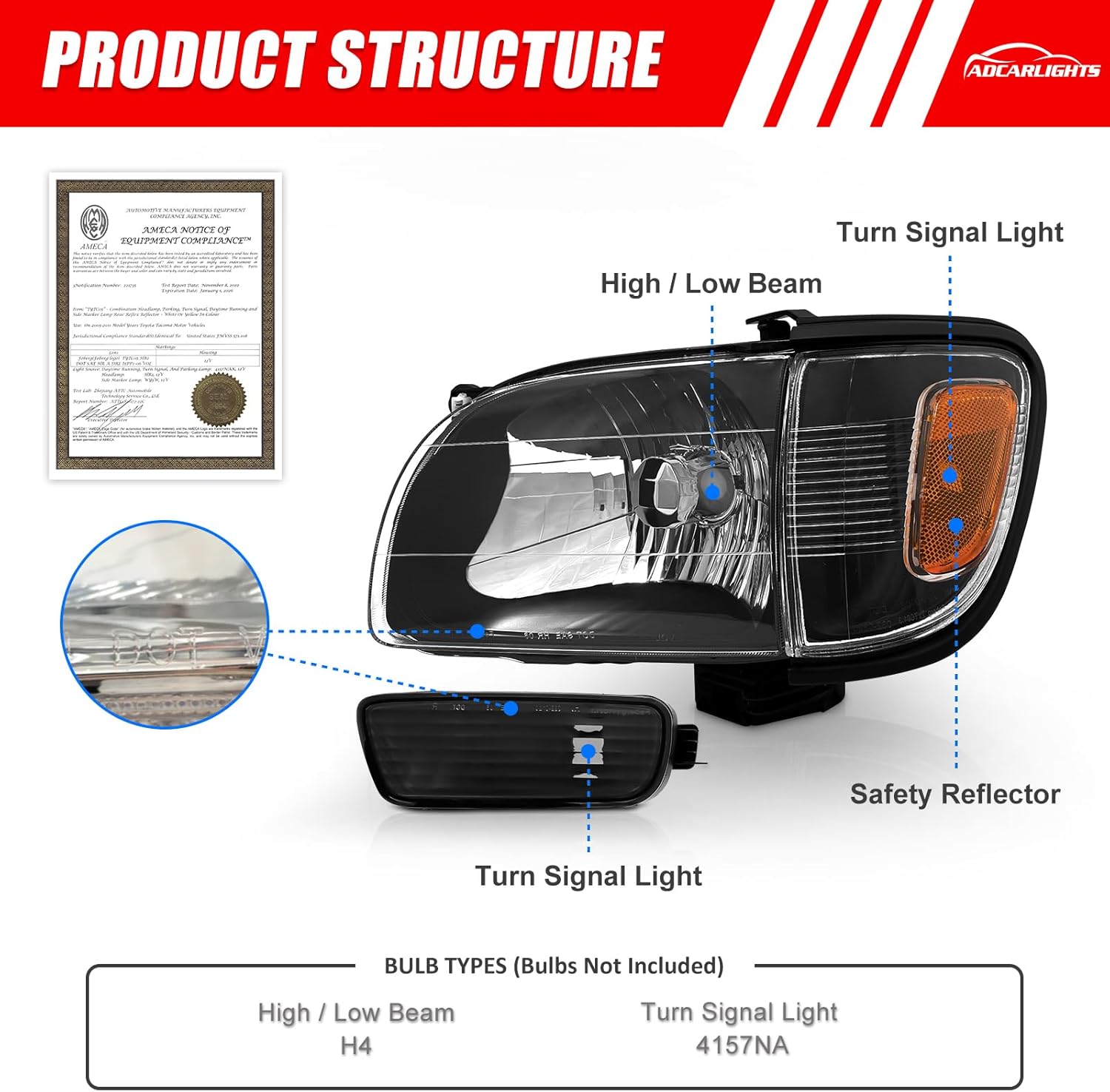 Replacement For Toyota 2001 2002 2003 2004 Tacoma Headlights with Corner Signal Lamps and Bumper Light Black Housing Amber Reflector Driver Side and Passenger Side Pair