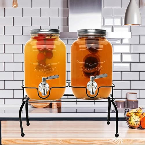 Miniatura 6 de Accguan Dispensador de bebidas de 1 galón, dispensador de agua de vidrio con tapa de lata y grifo de acero inoxidable, marco de hierro negro,