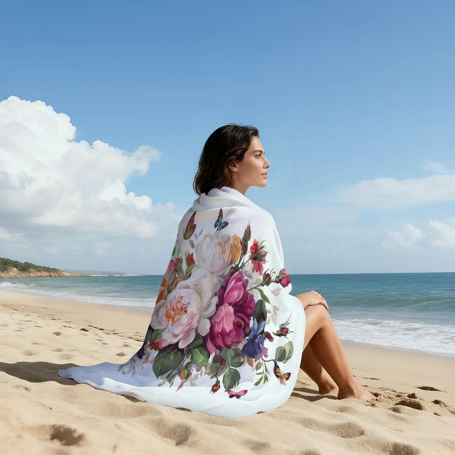 Générique Grande Serviette de Plage 200 x 100 CM,Drap de Plage Microfibre,Couverture de Plage Absorbante Rapide pour Aquarelle, Romantique, Art Roses Délicates, Papillons