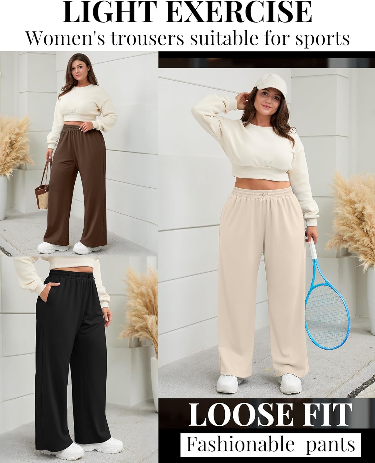 Oakgarden 4 Pack Women Plus Size Sweatpants Wide Leg Baggy High Waist Yoga Pants Loose Lounge Palazzo Pants with Pocket