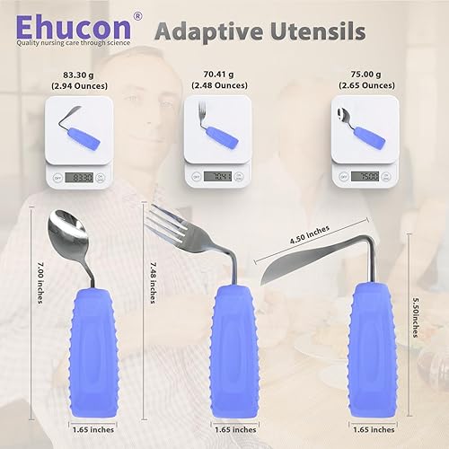 Miniatura 5 de Utensilios adaptables Cuchara y tenedor en ángulo para temblores de manos, Parkinson, utensilios pesados con asas antideslizantes de fácil agarre
