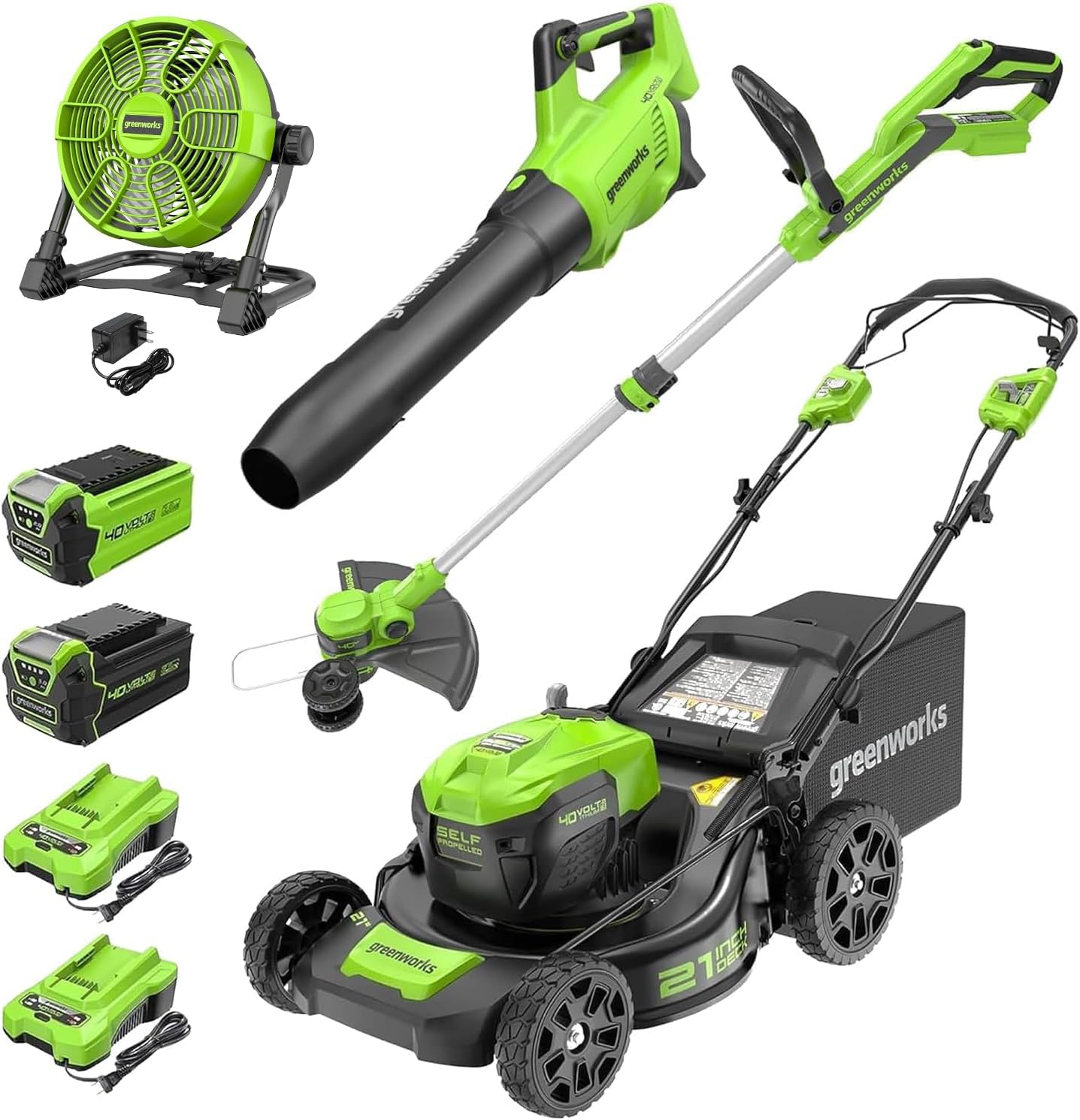 Greenworks 40V 21" Self-Propelled Lawn Mower,Axial Leaf Blower(500 CFM / 120 MPH),13" String Trimmer, 10" Tablet Fan (AC/DC), Includes 2 Batteries(5Ah+2Ah) & Chargers
