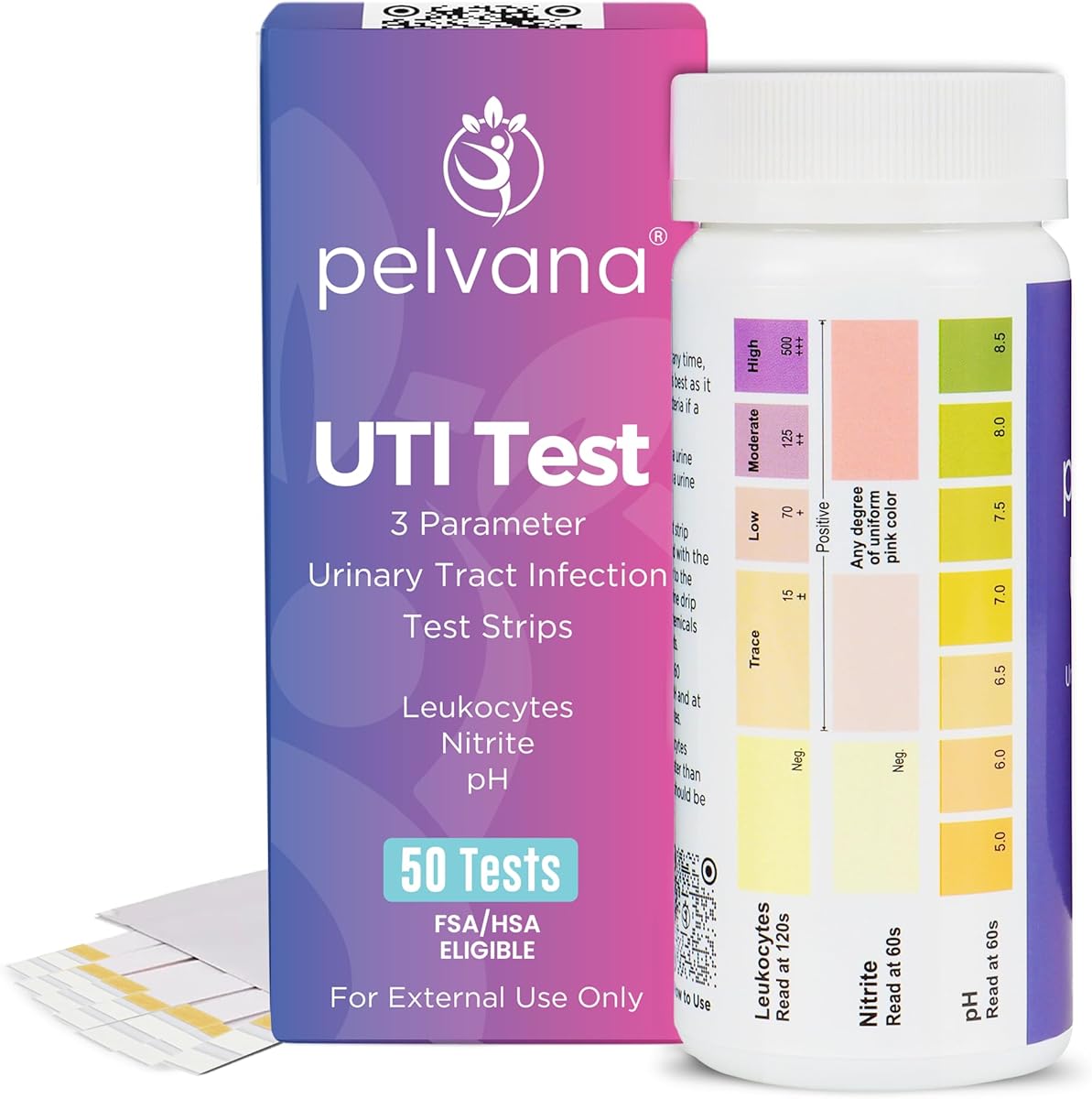 Pelvana Urinary Tract Infection Test Strips - 50 UTI Test Strips for Women, Accurate 3-Parameter Nitrite, Leukocytes and pH Readings, Advanced and Easy at-Home UTI Testing