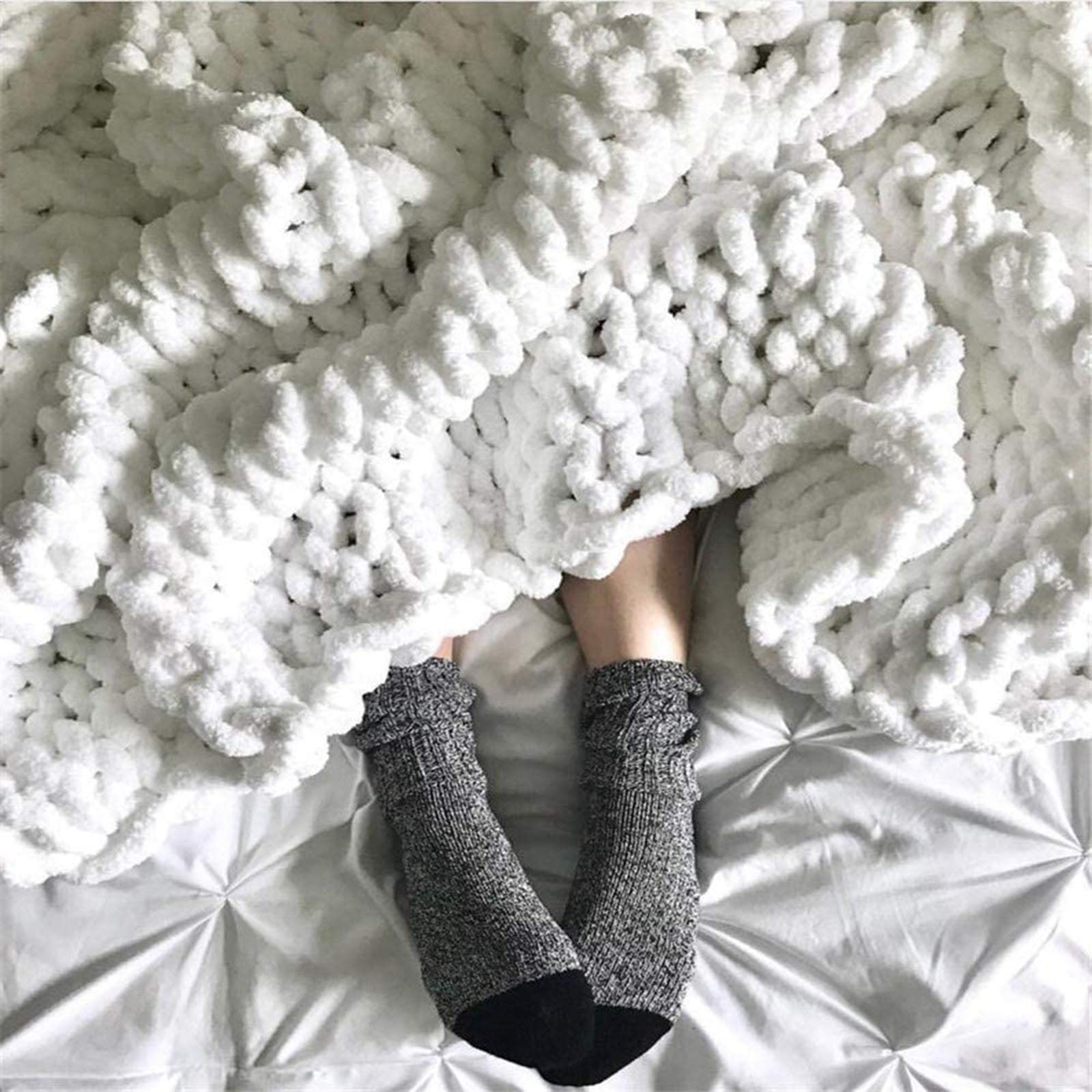 Coperta da Letto Coperta a Maglia Grossa Morbida Coperta da Divano in Ciniglia Lavorata a Mano, Coperta Boho Soffice, Tappetino per Yoga, Lavabile in Lavatrice,Bianca,180X200CM