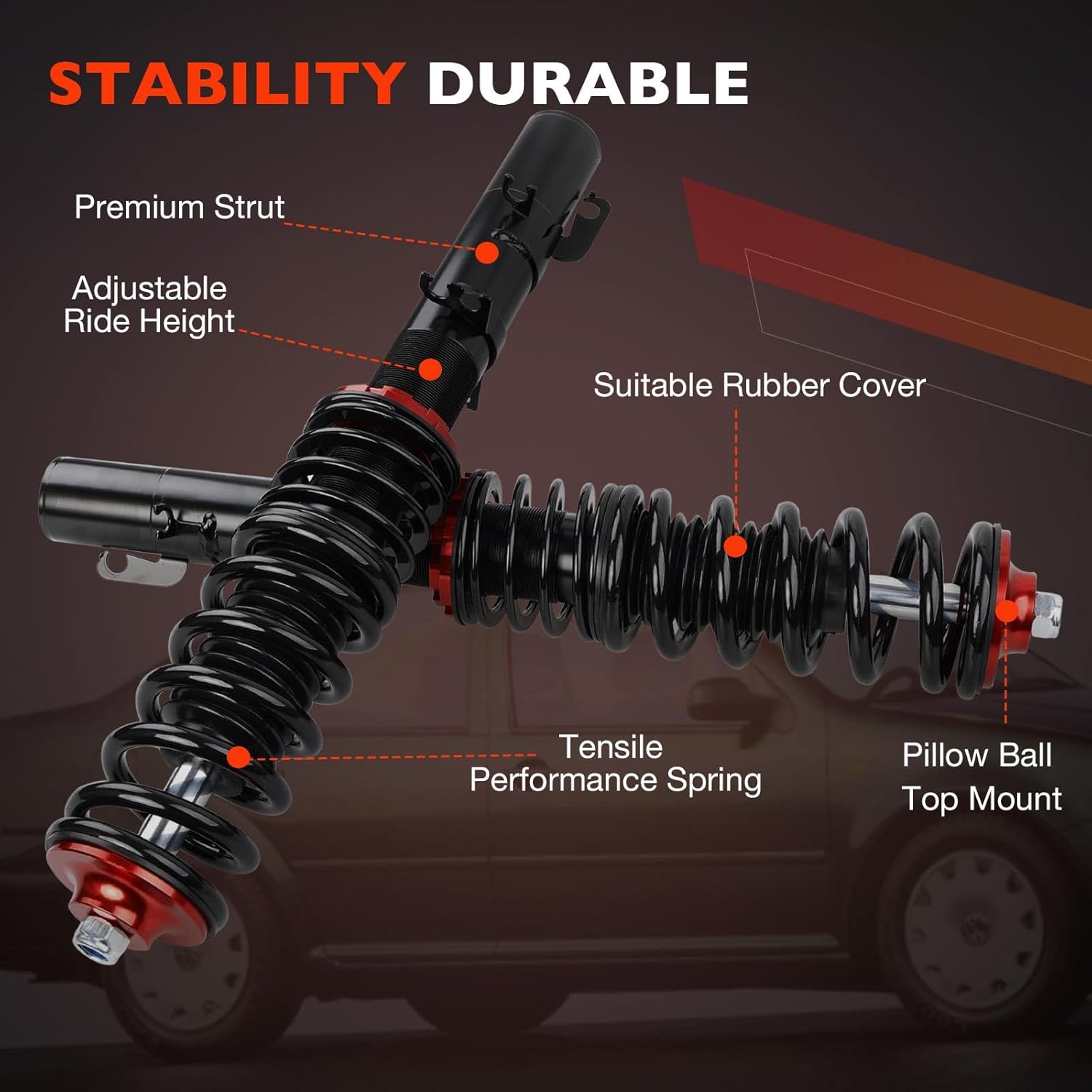 Front & Rear Coilover Suspension Kit, Height Adjustable Shocks & Struts Replacement for 1998-2005 Volkswagen Golf Mk4 Coilover 2WD Only A4 – Complete Coilovers Assembly(Red)