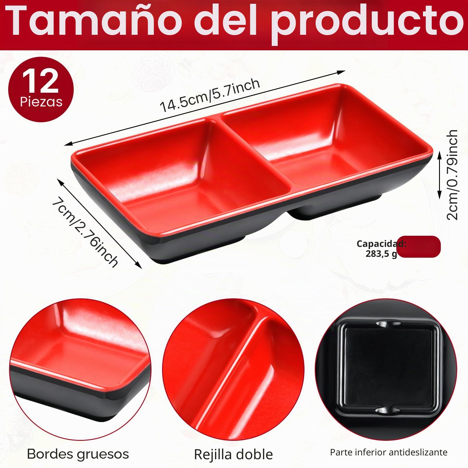 12 platos dobles de salsa de soja de 10 onzas, plato de inmersión de melamina, cuencos de inmersión duales, platos de salsa de dos compartimentos, platos de salsa para restaurante, cocina,