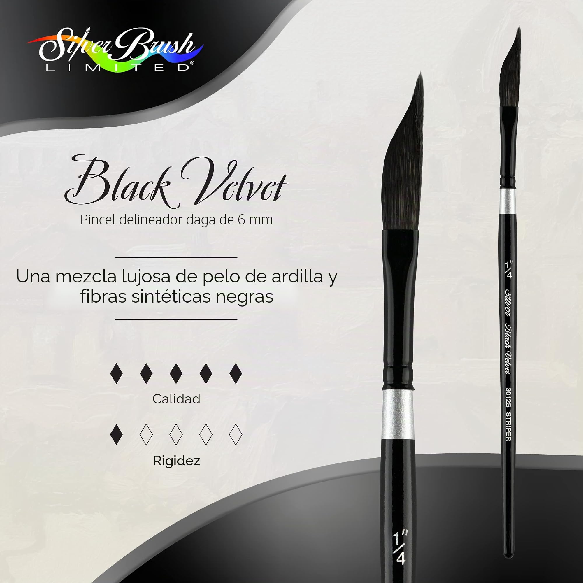 Silver Brush Limited Brush 1/4 Inch 3012S-1/10.2 cm Black Velvet Dagger Striper Mango Corto, Pelo de Ardilla, Fibras sintéticas, Negro, Size-1/4
