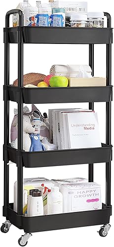 UDEAR Carrito utilitario rodante de 4 niveles con 12 etiquetas de categoría, estantes de almacenamiento multifuncionales con asa y ruedas con