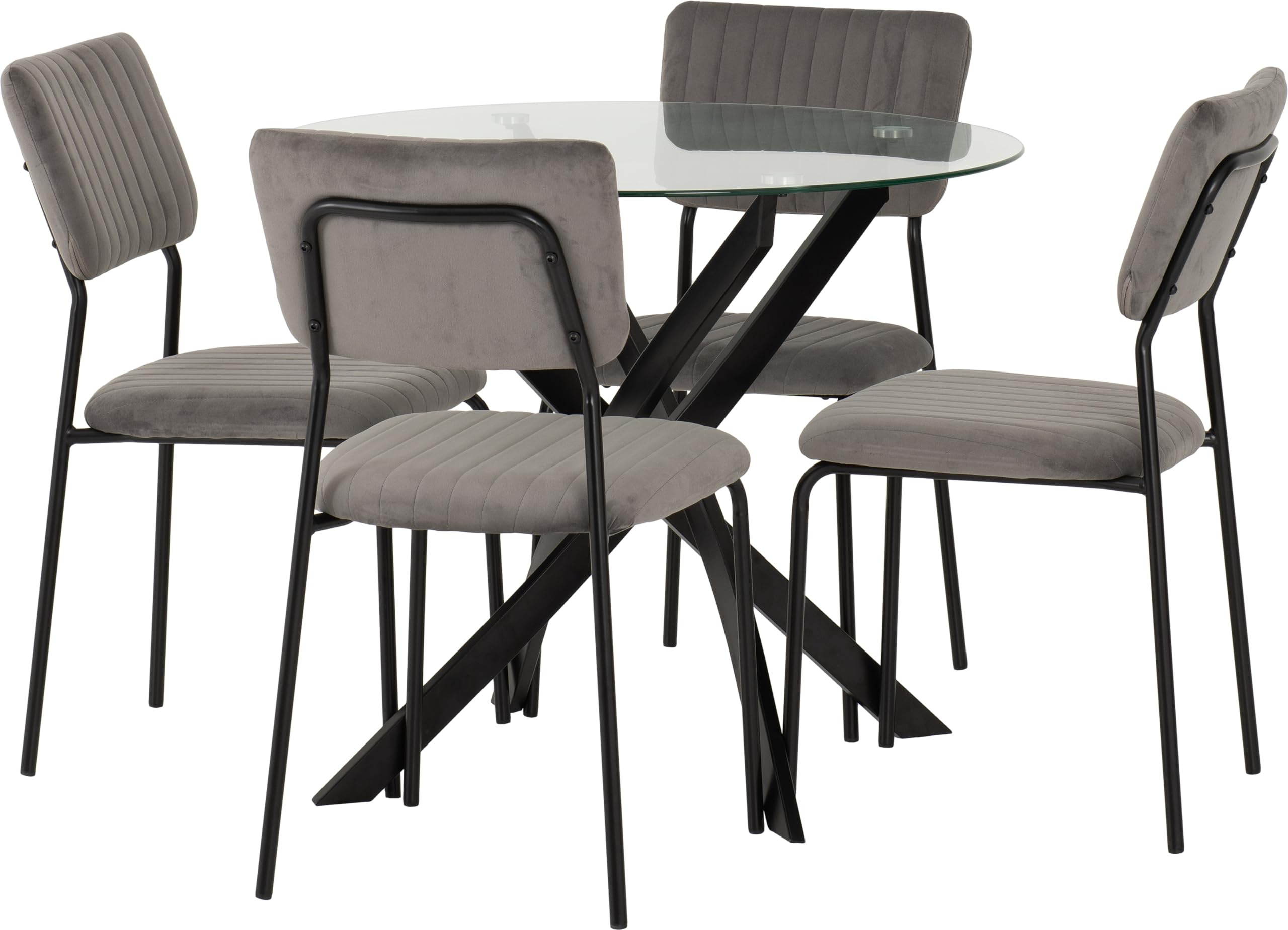 Seconique Sheldon Glass and Black Dining Table and 4 Grey Velvet Chairs