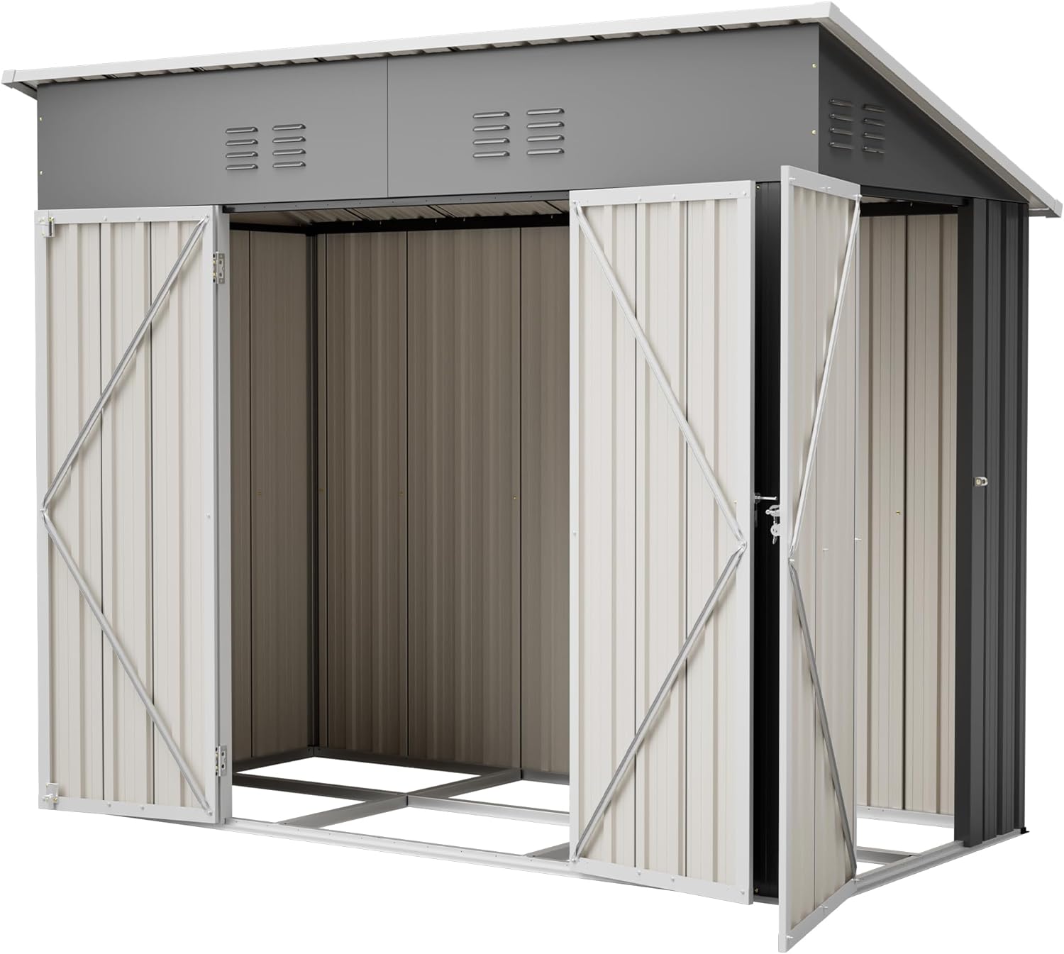 8x4 FT Outdoor Storage Shed with Base Frame, Galvanized Steel Garden Shed with Dual Lockable Doors, Air Vent & Sloped Roof for Bikes & Backyard Use
