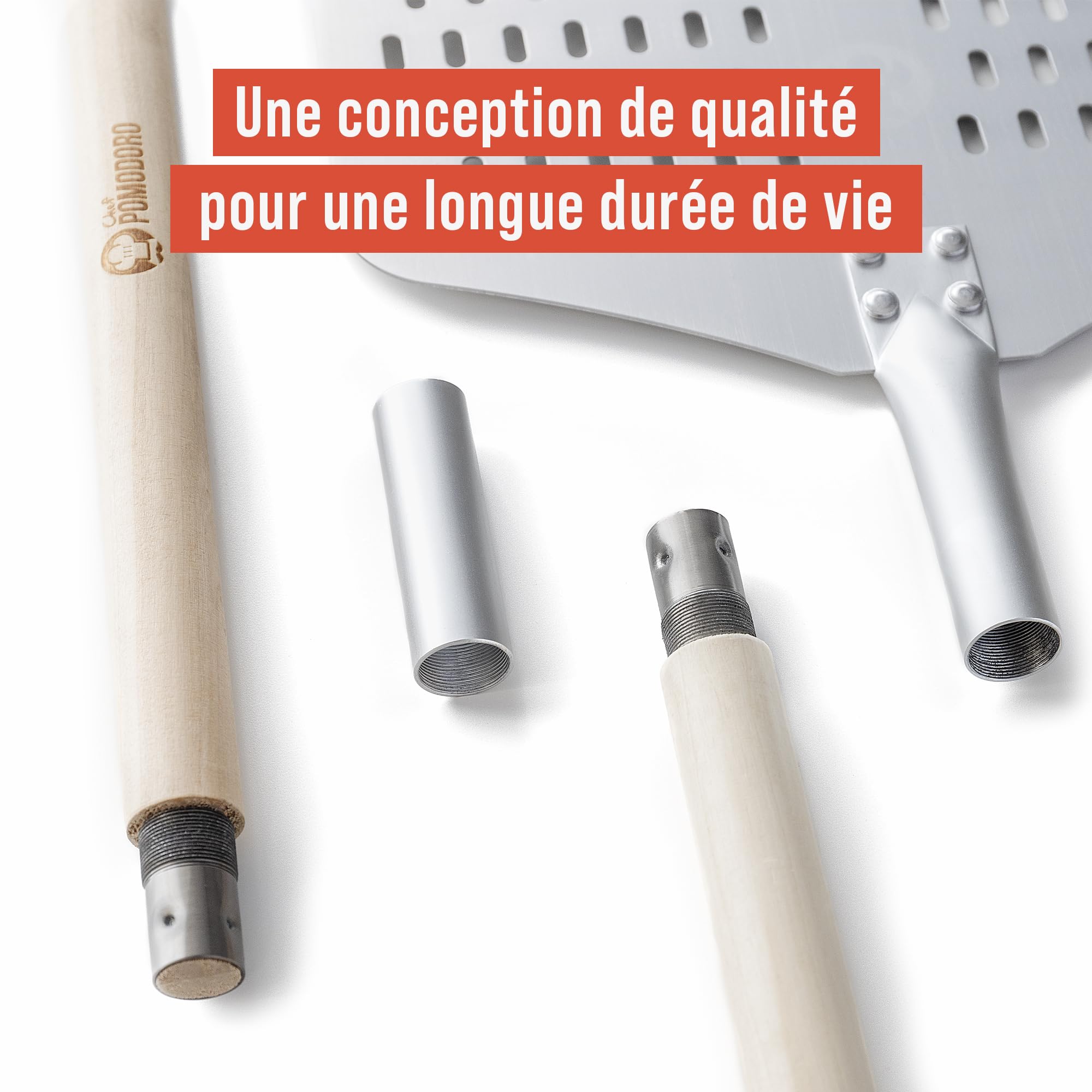 Chef Pomodoro - Longue Pelle A Pizza Professionnelle (35 cm x 30 cm) - Spatule Pizza en Aluminium Perforé - Poignée en Bois Extensible Et Détachable - Pelle Pizza de Haute Qualité