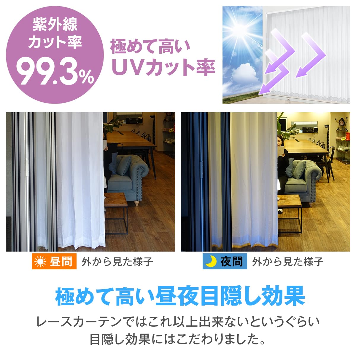 【新品】二重レースカーテン 断熱 遮熱 保冷 UVカット率【99.3%】 昼夜目隠し 二枚仕立て 色：ホワイト サイズ：(幅)170cm×(丈)208cm×2枚 Amazon｜[カーテンくれない] UVカット率【99.3%】の二重レースカーテン