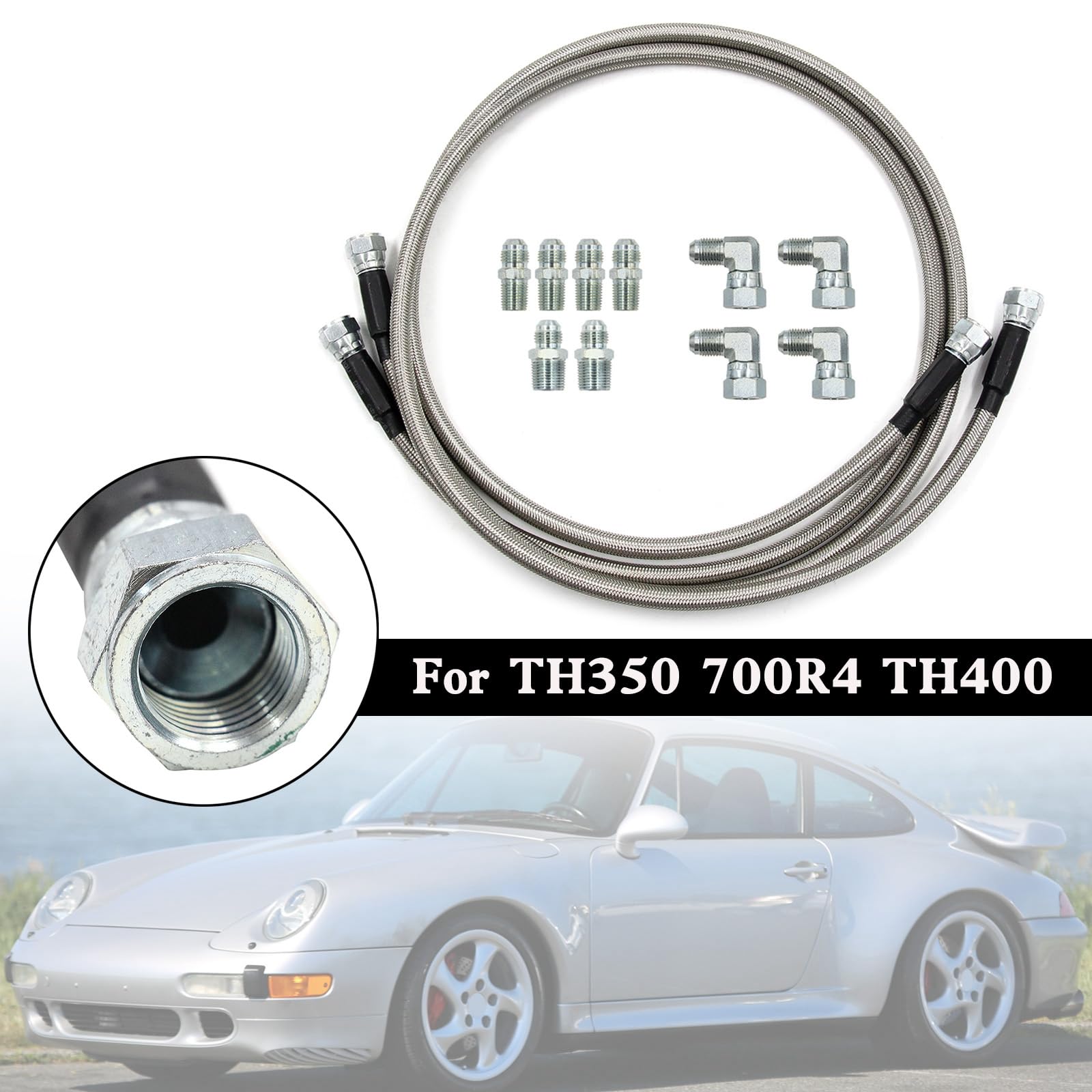 52 Zoll AN6 Getriebeölkühler Schlauchleitung Set Edelstahl Geflochten Transmission Cooler Hose Lines für TH350 TH400 700R4 4L60E 4L65E 4L80E Powerglide für Ford C4 C6 AOD