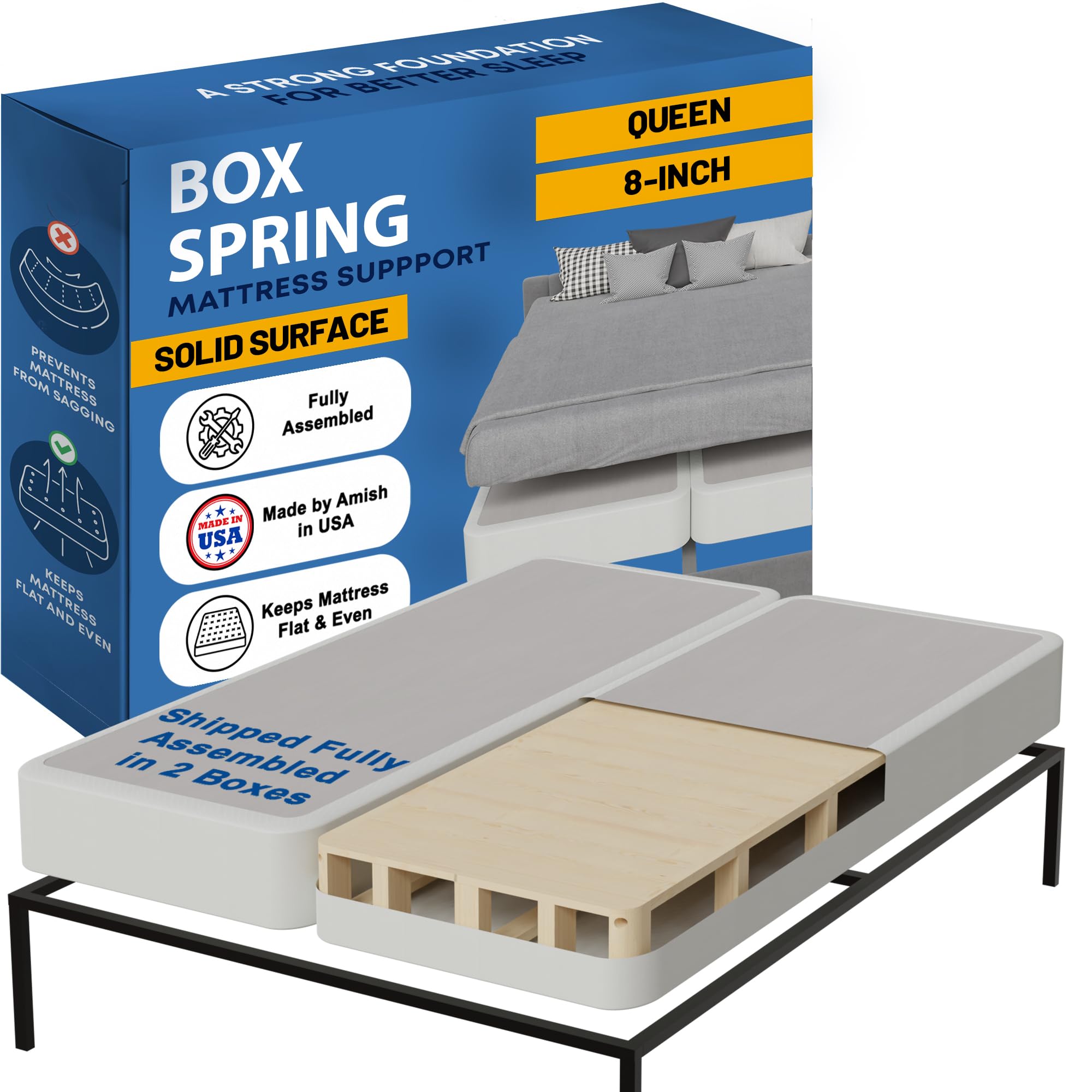 Greaton, Solid Surface Box Spring Bed Base Queen Size, 8-Inch Wood Amish Made in USA - Quiet Noise Free, 2-Pieces Under Mattress-Support BoxSpring, Fully Assembled, White, 8" Foundation