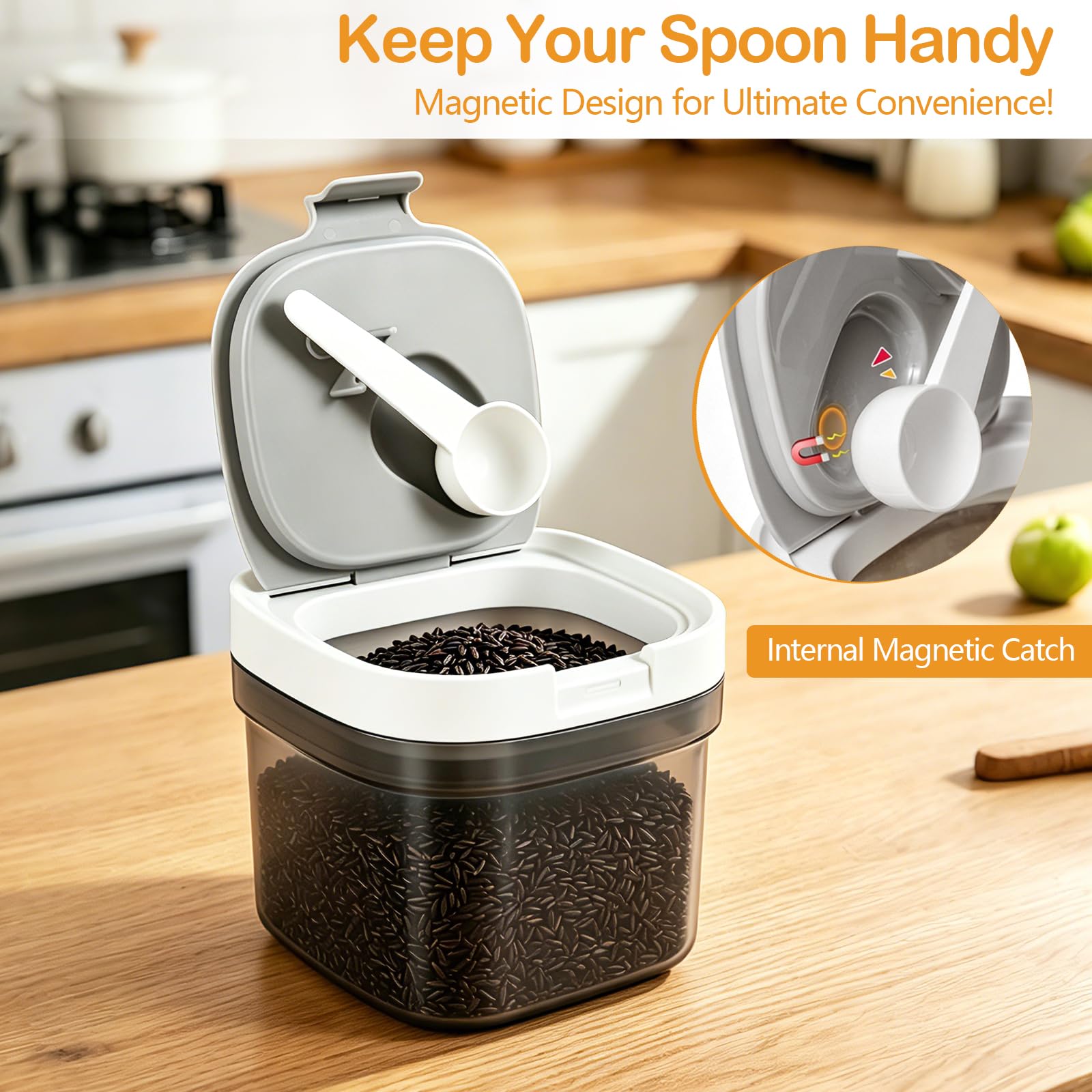 Scatole ermetiche per alimenti con coperchio, set da 3 (800 ml + 800 ml + 1800 ml) con cucchiaio magnetico, contenitore per cereali, legumi e polvere per neonati