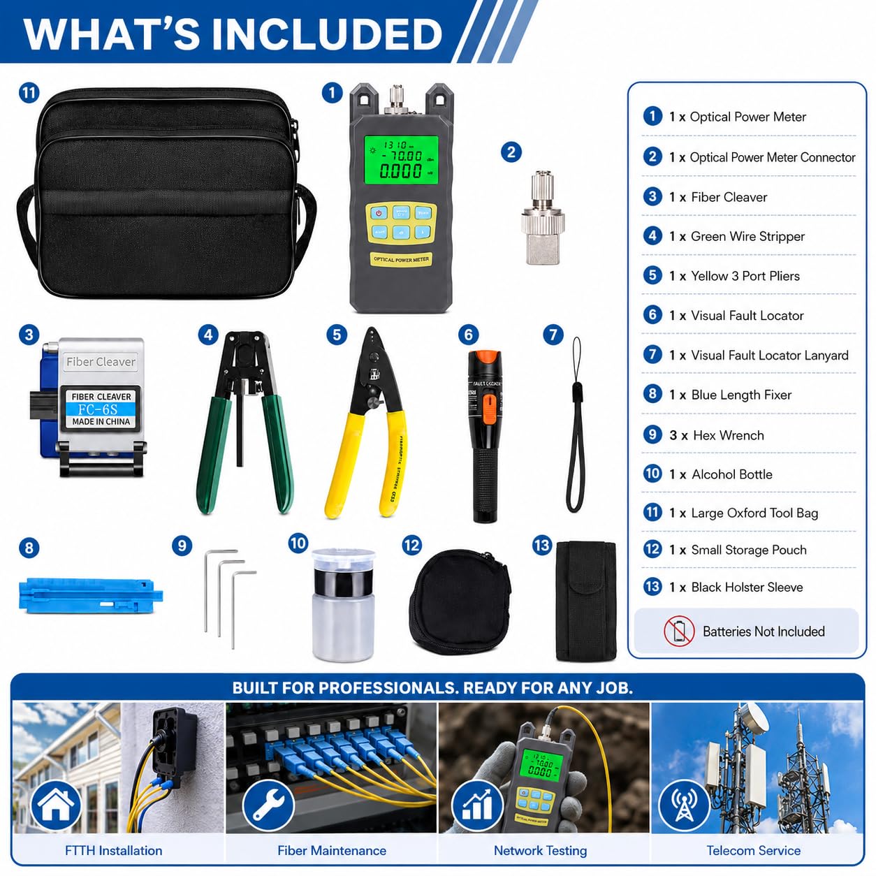 Kit De Herramientas De Fibra FTTH, 15 En 1 Kit Fibra óPtica TerminacióN De Fibra con Medidor De Potencia De Fibra óPticas Y Localizador De Fallas Visuales De 10mw, Cortadora, Pelacables