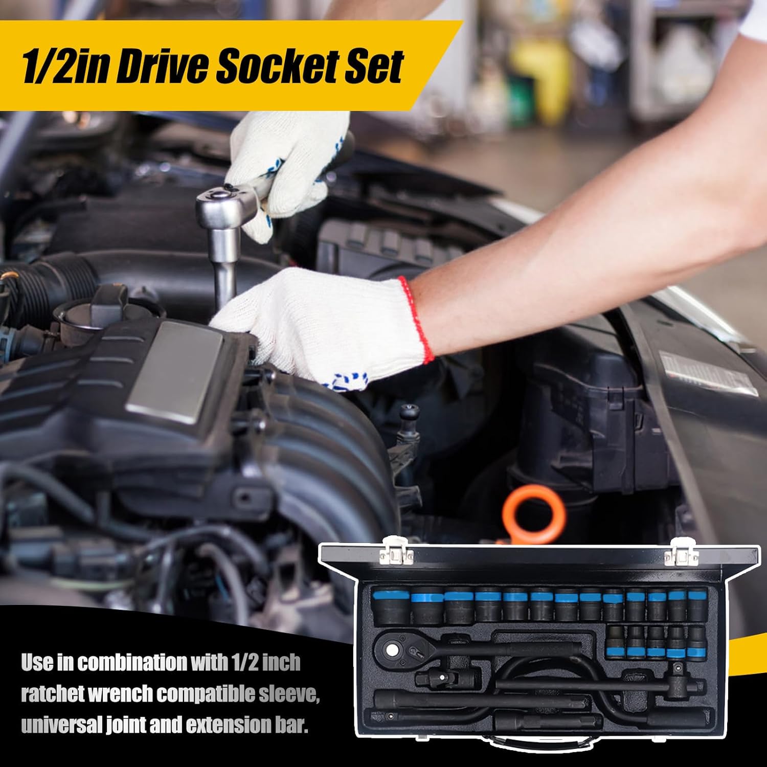 Luqeeg 24PCS Mechanics Socket Tool Set, 1/2 inch 832mm Metric Drive Impact Socket Dual Directional Ratchet Wrench Set with Extension Bar for Auto Machine Car Repair Home Garage