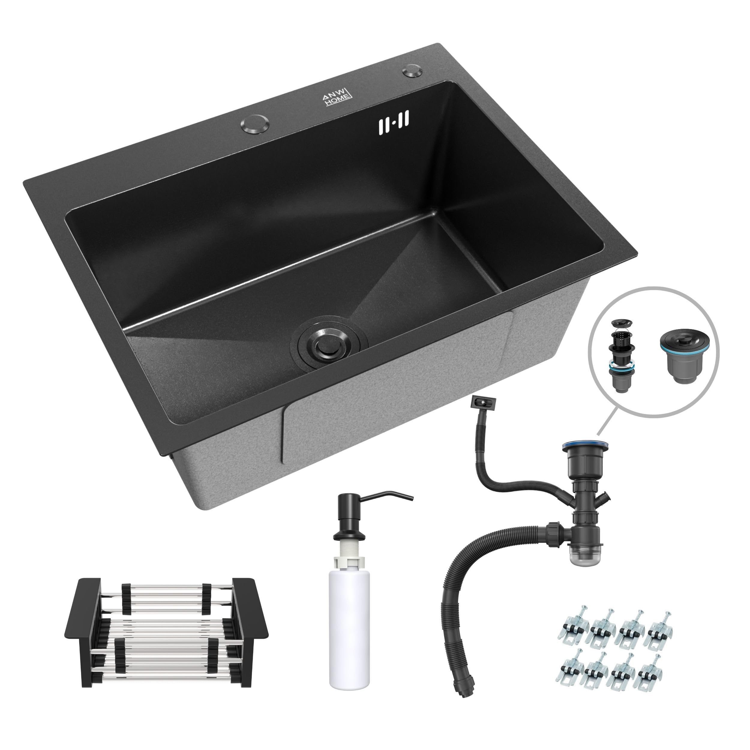 ANW HOME Lavello Cucina 1 Vasca, Lavandino Cucina in Acciaio Inox 60x45 cm, Graphite PVD con Rivestimento Nano, Spessore 3,0+1 mm, con Sifone Dispenser Sapone e Cestello