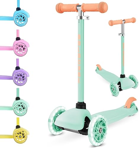 Teeny  Scooter de 3 ruedas color menta para niños y niños pequeños de 3 a 6 años  Ruedas intermitentes  Altura ajustable de 53 a 27.6 in  My First