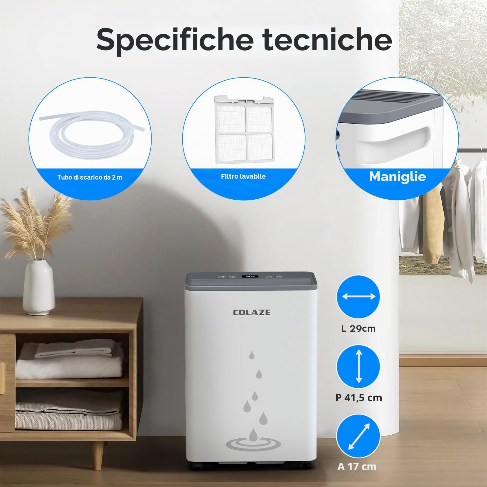 COLAZE Deumidificatore Casa Muffa 20L/24h, Adatto fino a 50㎡, Deumidificatore a Compressore Portatile Silenzioso, Timer 24 ore, Ideale per umidità e condensa
