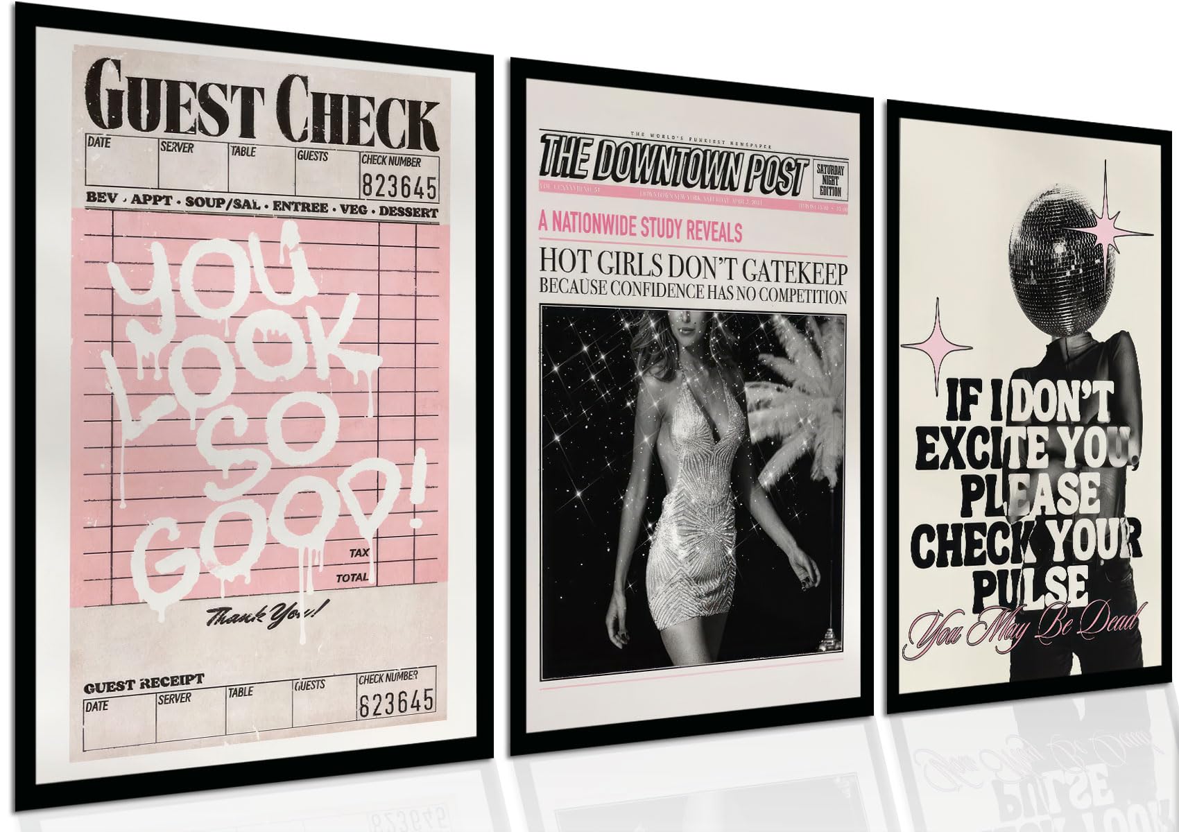 Vintage Pink Canvas Wall Art Set of 3 Funky Hot Girl Pictures You Look So Good Poster Preppy Trendy Paintings Home Wall Decor Aesthetic Disco Ball Bar Cart Prints for Apartment Dorm 12x16in Unframed