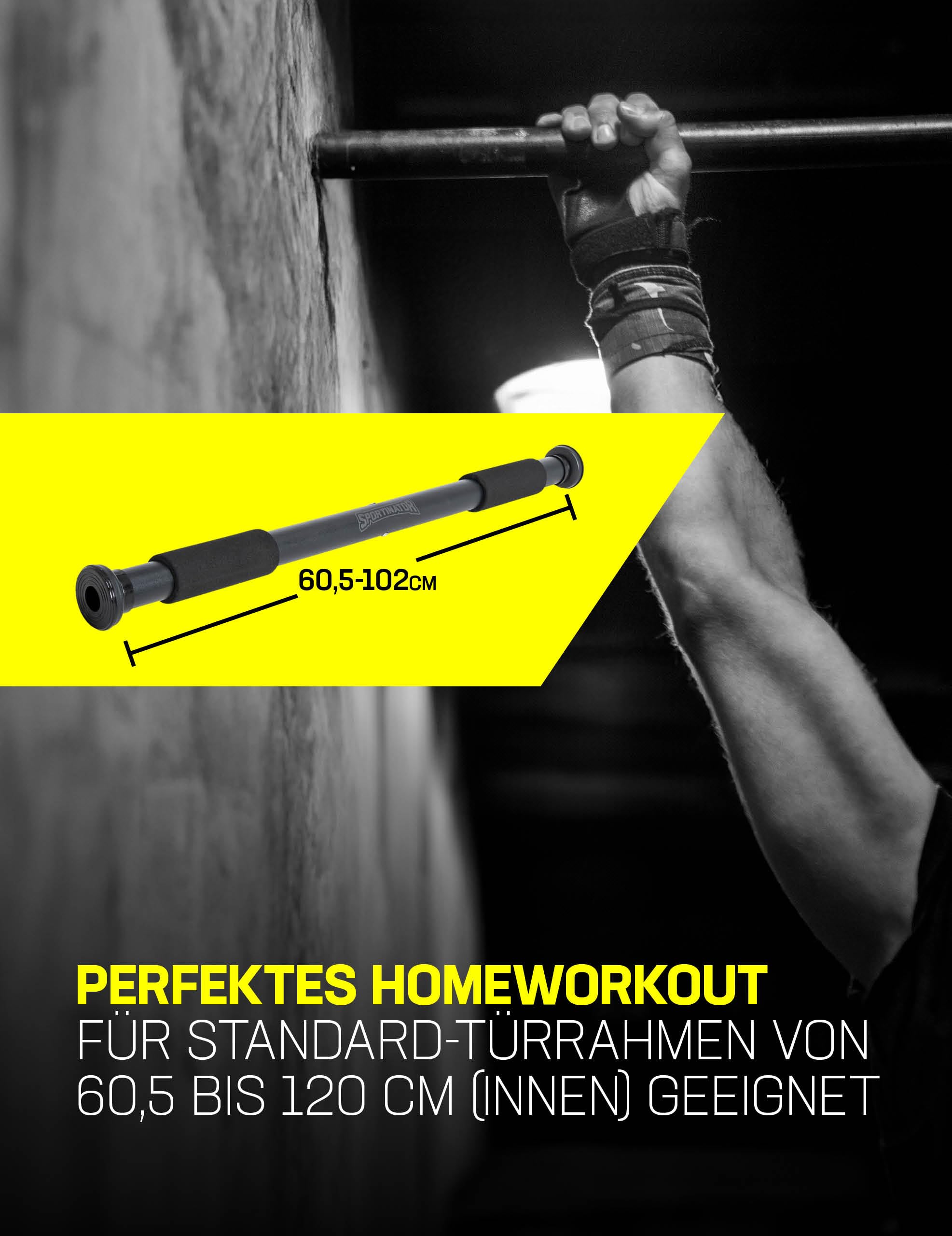 SPORTINATOR® Barra per trazioni da infilare nel telaio della porta, per la tua palestra domestica. Lunghezza 60-102 cm, compatta, sicura e veloce senza foratura, portata fino a 150 kg
