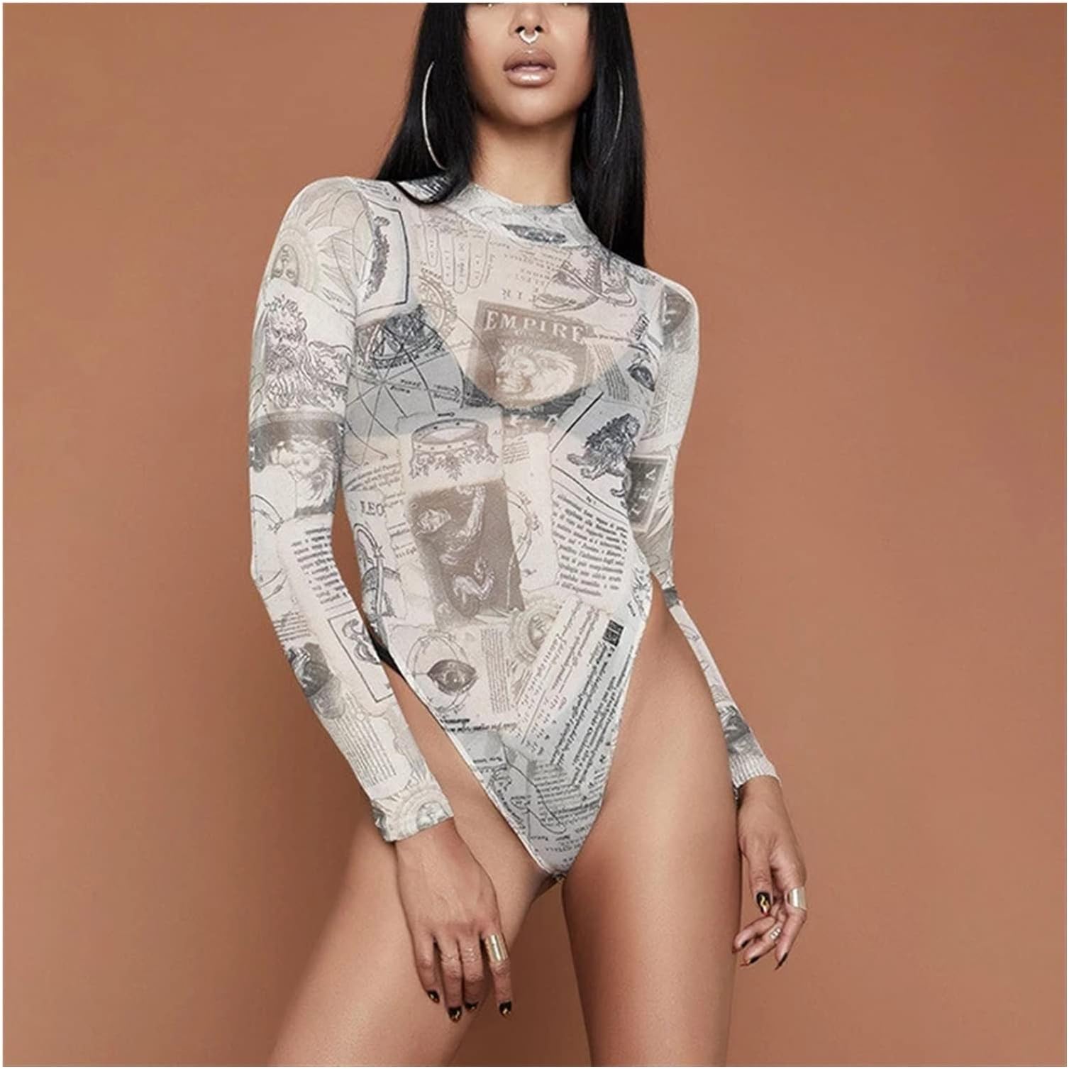 dfdfgn/a Mesh See Through Bodysuits Print Long Sleeve Body Suit Overalls Bodycon Jumpsuits Women Rompers Casual Tops (Color : C, Size : S code)