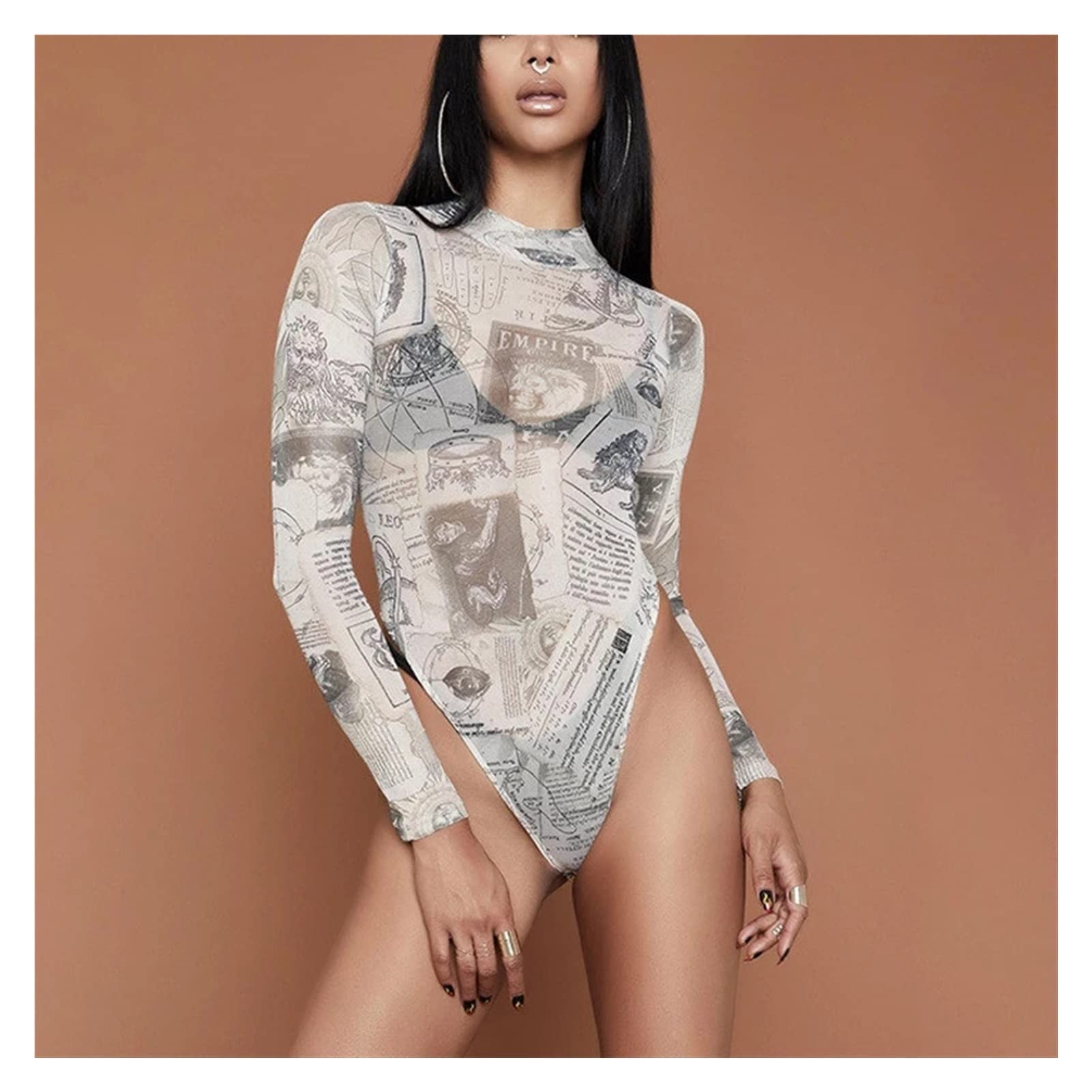 dfdfgn/a Mesh See Through Bodysuits Print Long Sleeve Body Suit Overalls Bodycon Jumpsuits Women Rompers Casual Tops (Color : C, Size : S code)