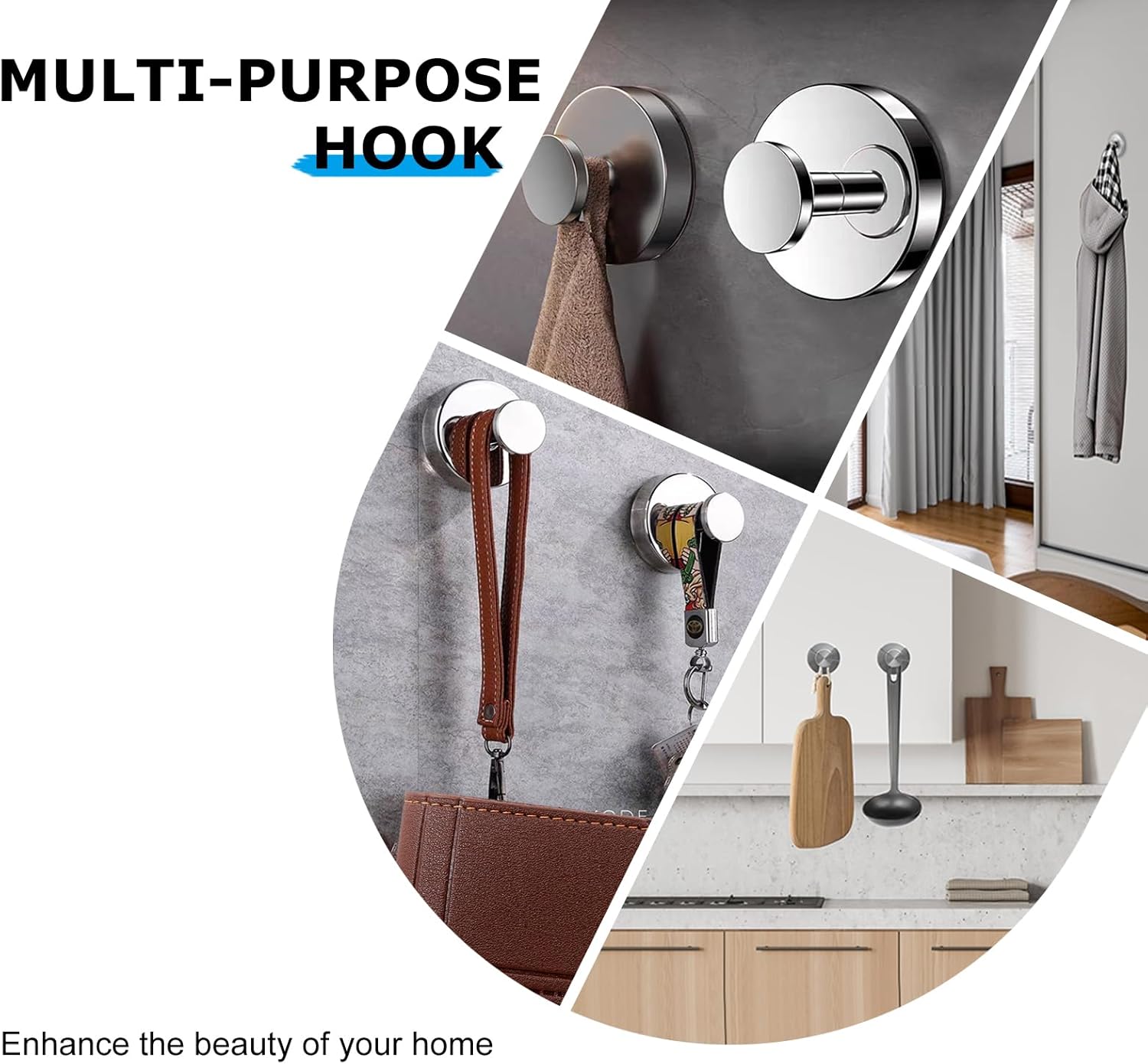 Shower Suction Cup Hooks Stainless Steel Adhesive Hooks for Bathrooms, Metal Hanging Holder for Glass Door Inside Shower, Silver Towel Hooks for Robe (4 Pack)