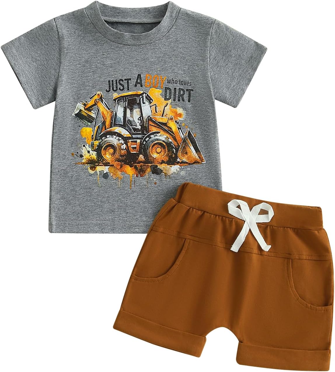 Toddler Baby Boy Clothes Summer Short Sleeve Trucks Tractors Print T-Shirt Tops Solid Color Shorts Set Casual Outfit