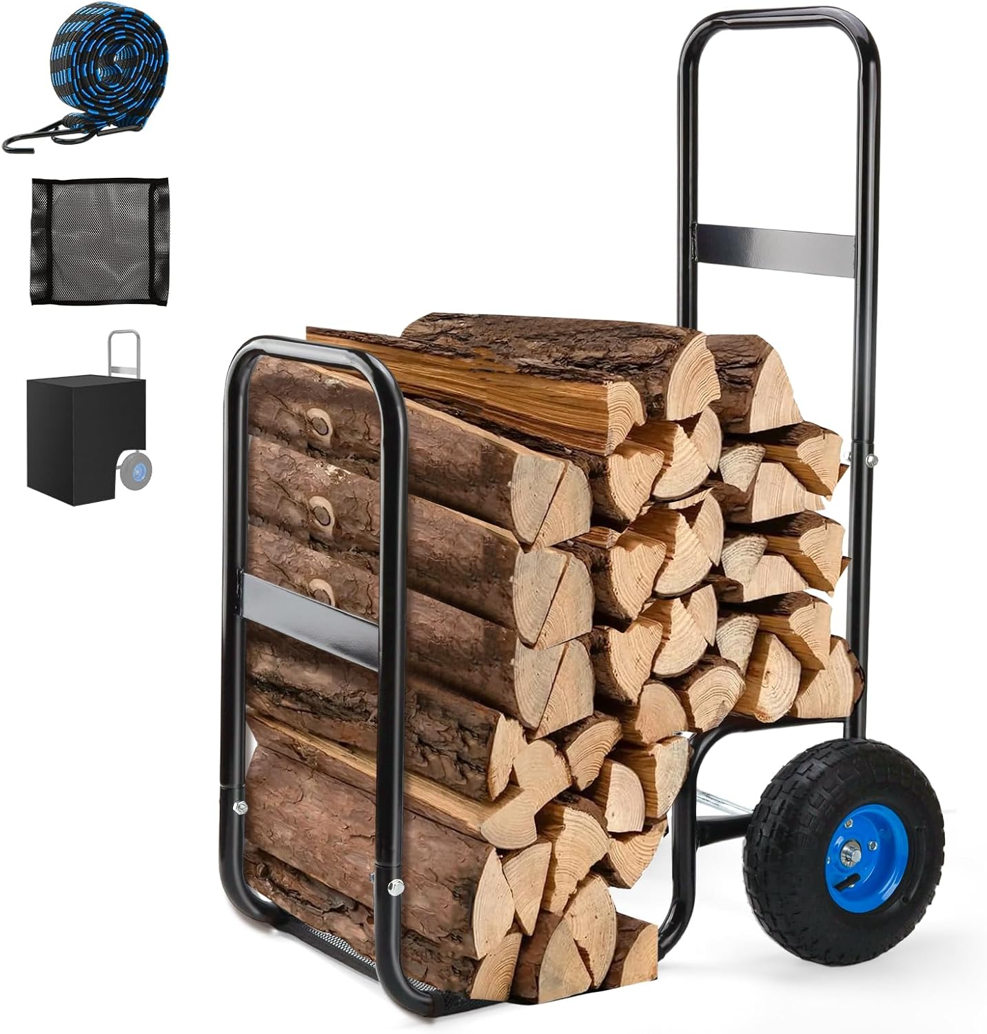 Firewood Log Cart with Pneumatic Rubber Wheels,Heavy-Duty 250 lbs Capacity,firewood carrier storage with waterproof cover,wood dolly for Indoor/Outdoor Use (with cover)