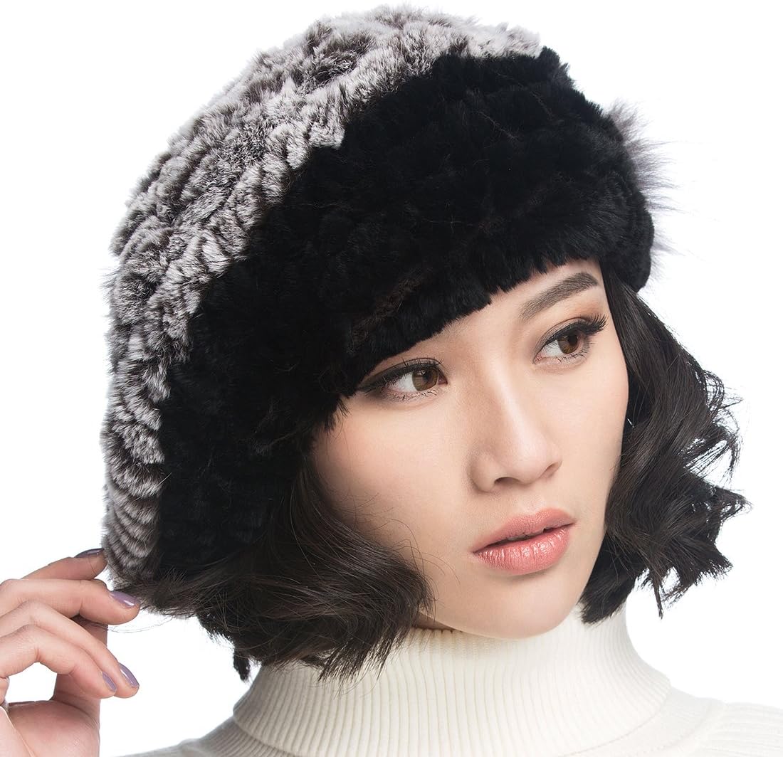 URSFUR Winter Women's Rex Rabbit Beret Hats with Flower
