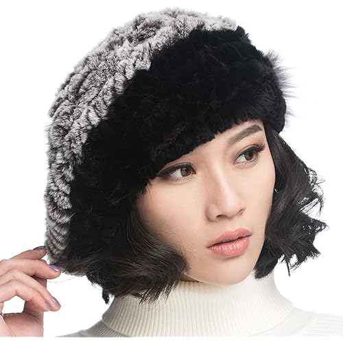 Winter Women's Rex Rabbit Beret Hats with Flower